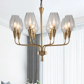 Modern Clear Glass Cup Pendant Chandelier with 8-Head Brass Frame and Curved Arms