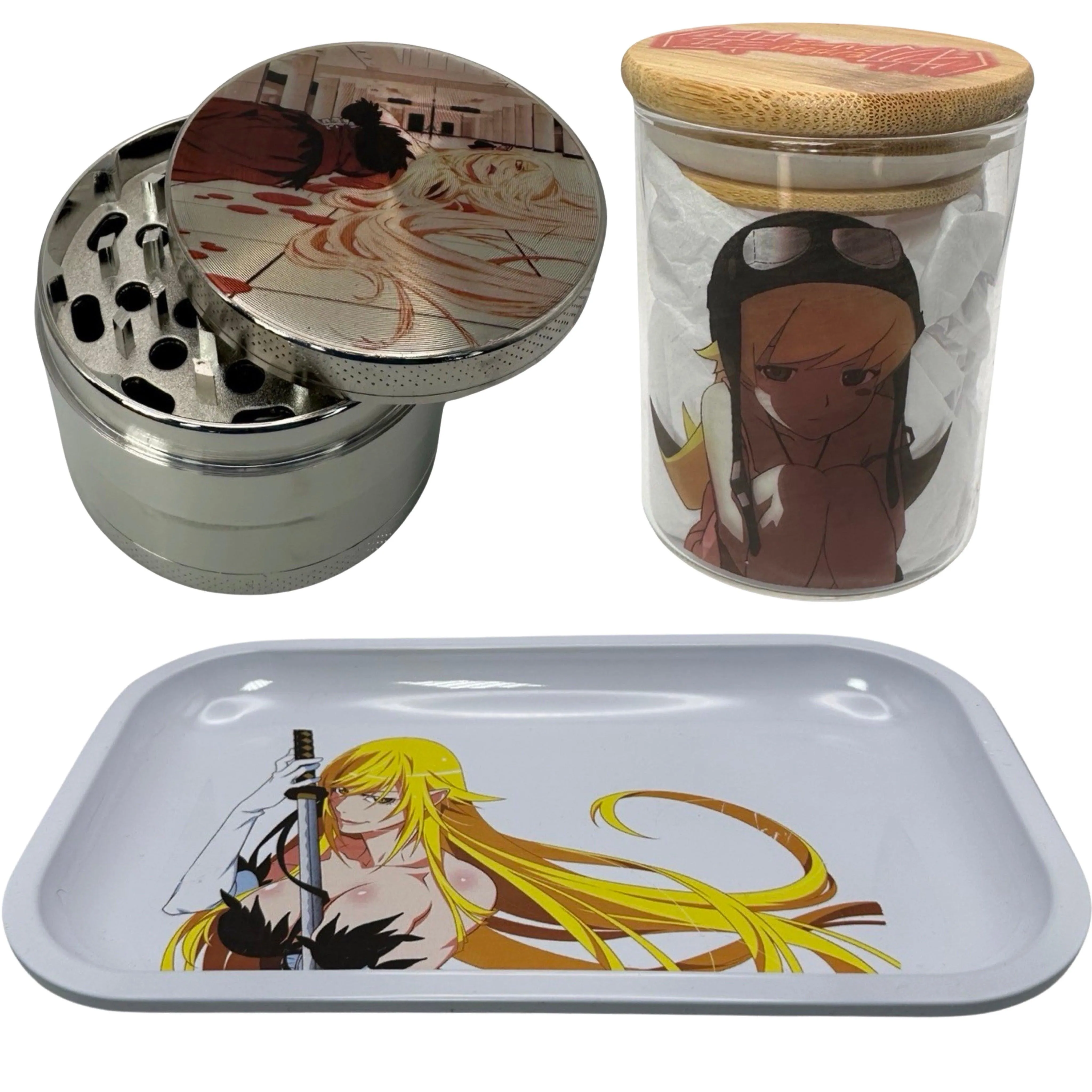 Monogatari Anime Spice Grinder, Stash Jar, Rolling Tray Set