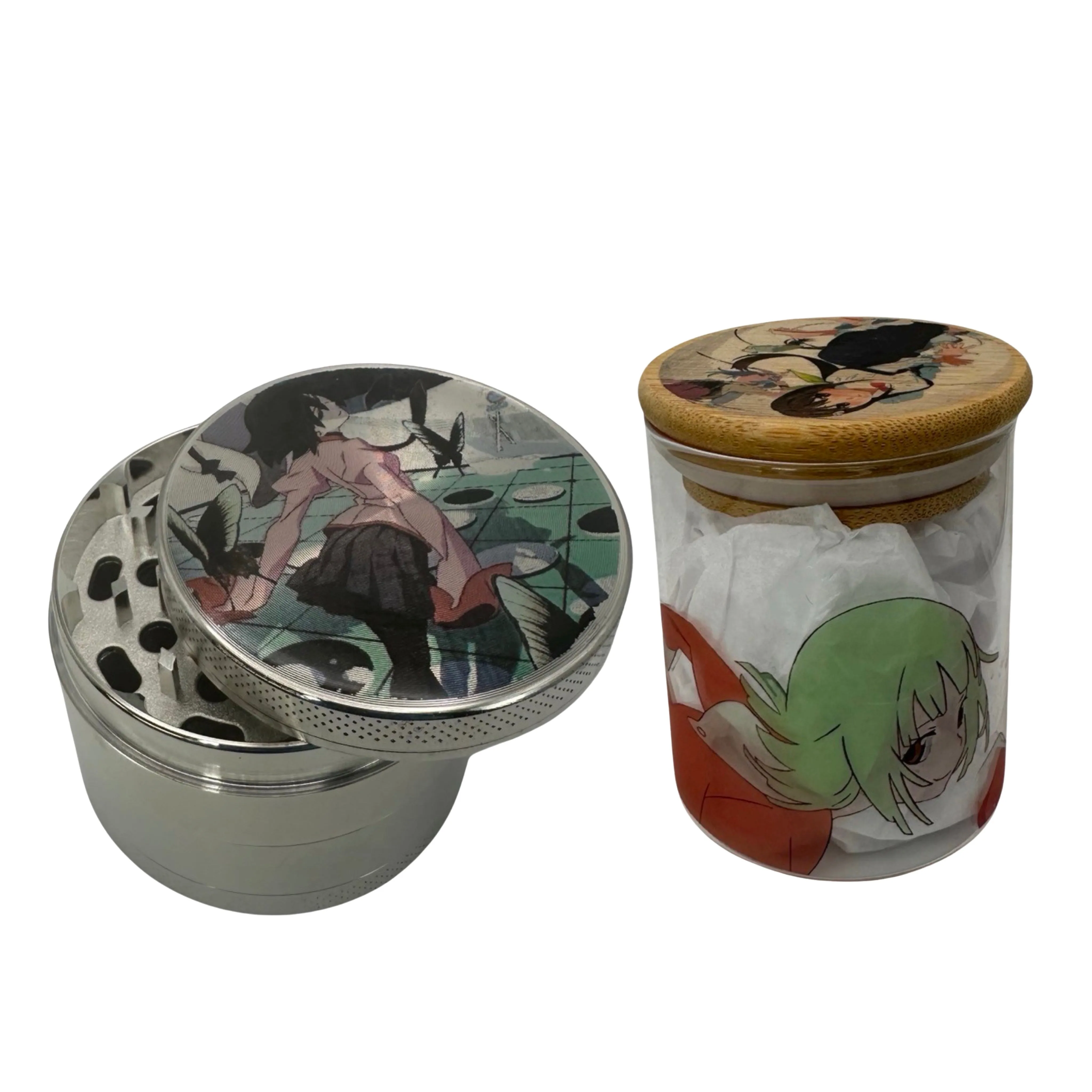 Monogatari Anime Spice Grinder, Stash Jar, Rolling Tray Set