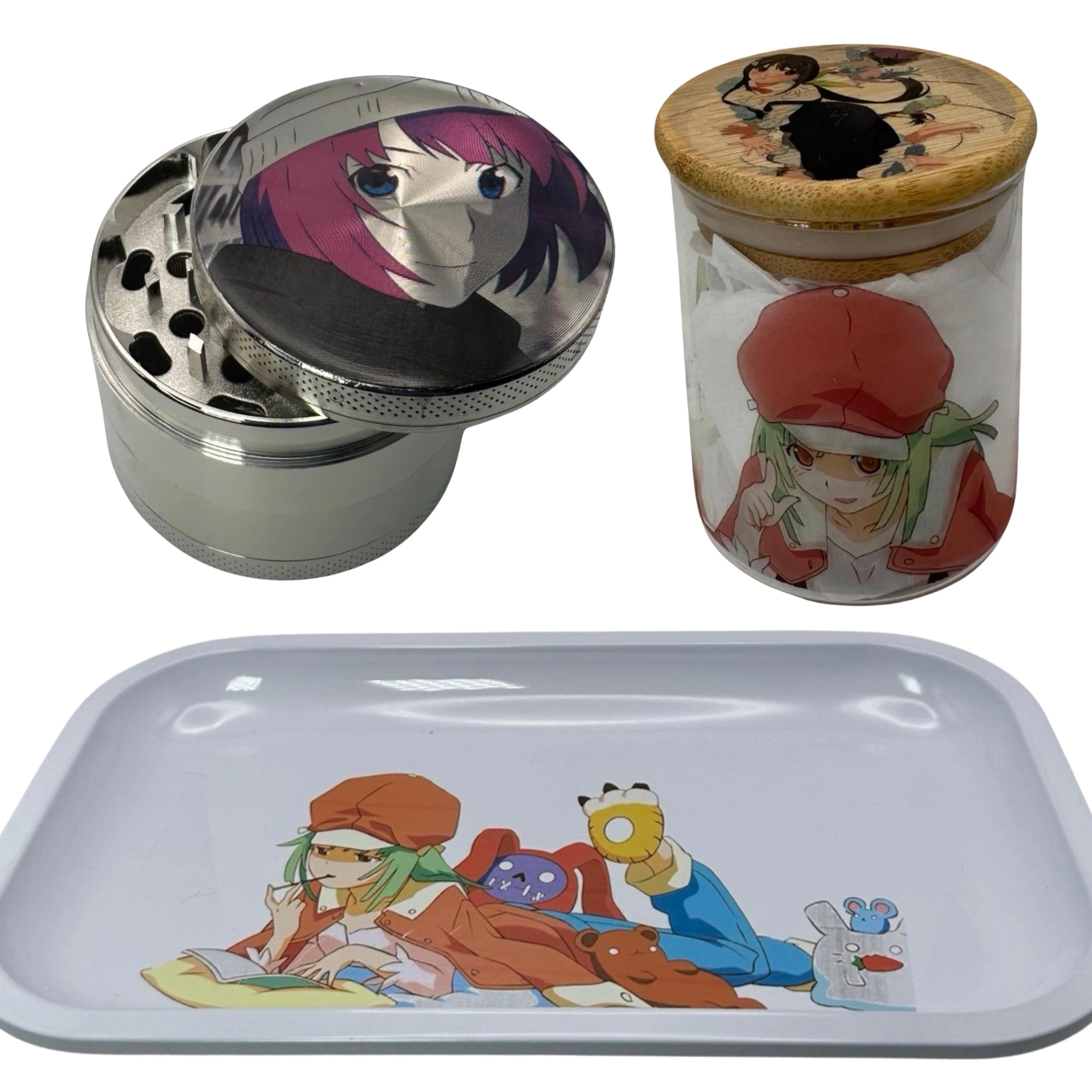 Monogatari Anime Spice Grinder, Stash Jar, Rolling Tray Set