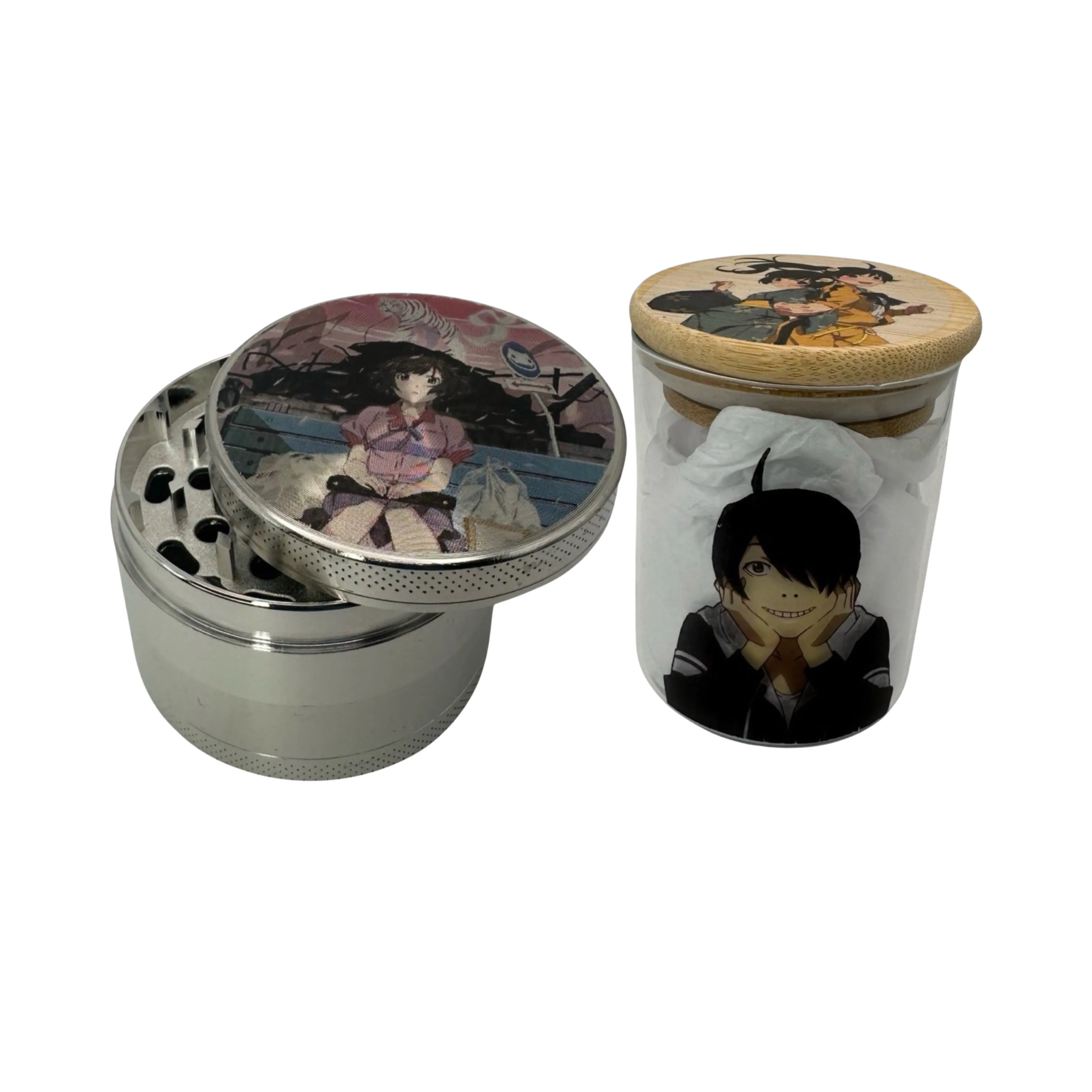 Monogatari Anime Spice Grinder, Stash Jar, Rolling Tray Set