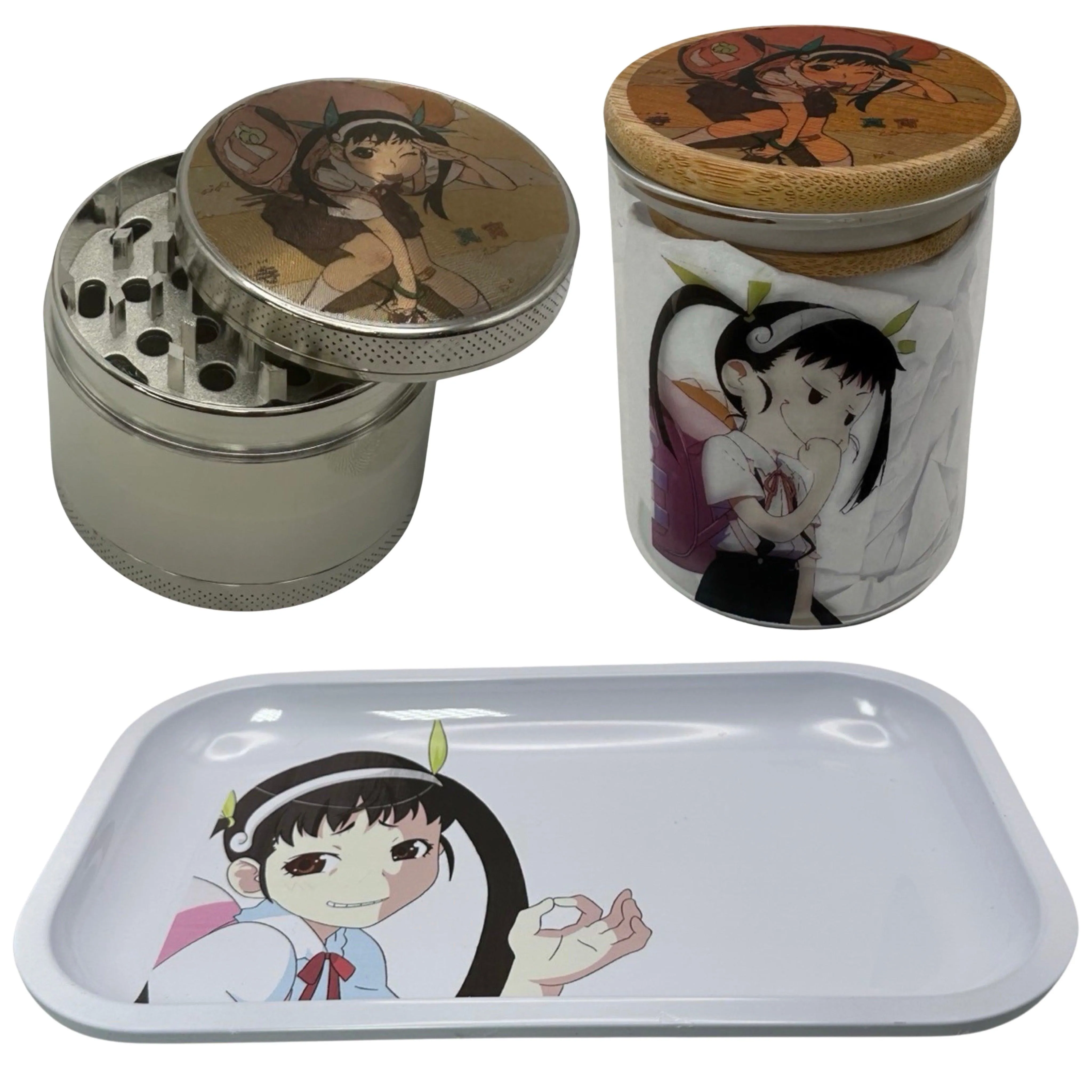 Monogatari Anime Spice Grinder, Stash Jar, Rolling Tray Set