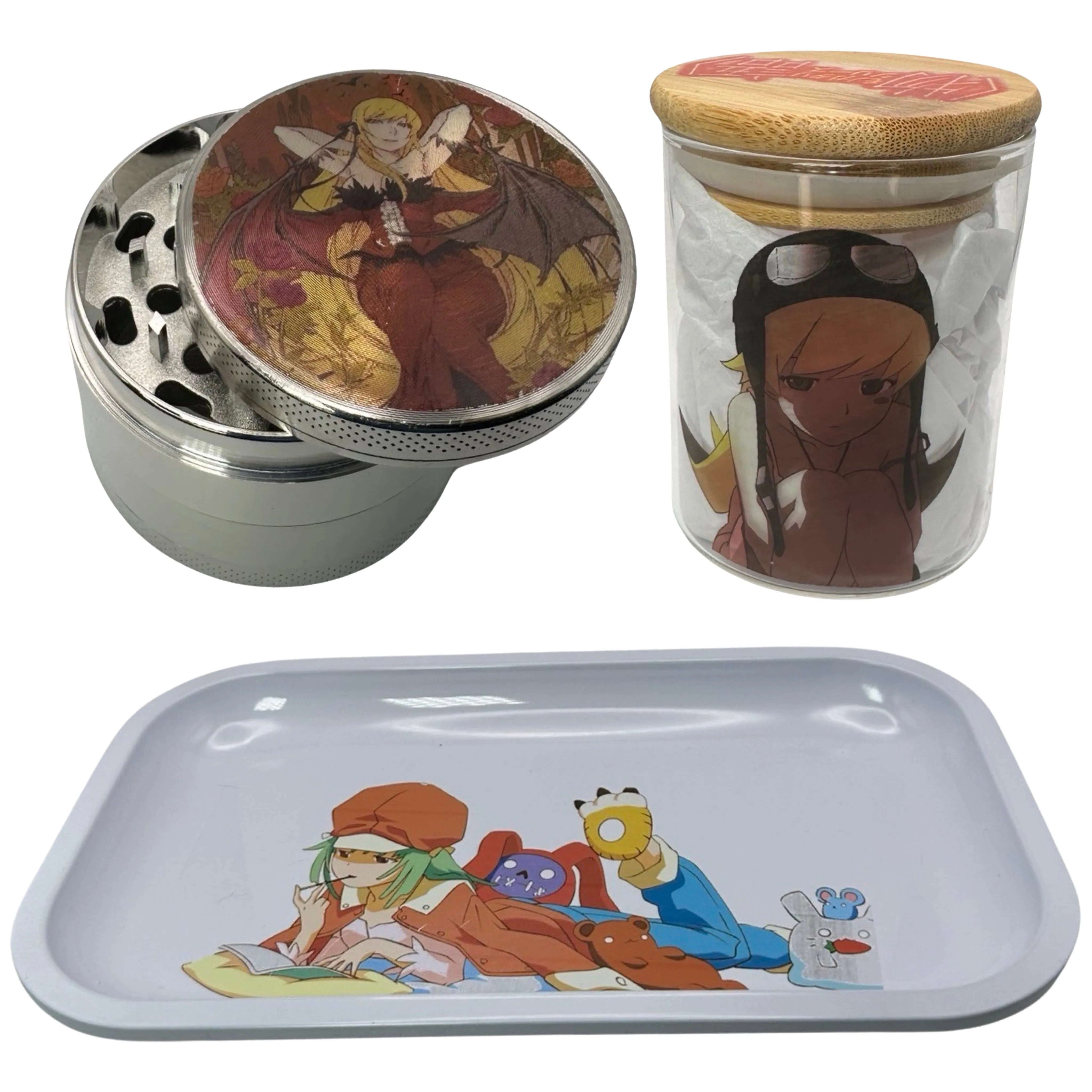 Monogatari Anime Spice Grinder, Stash Jar, Rolling Tray Set