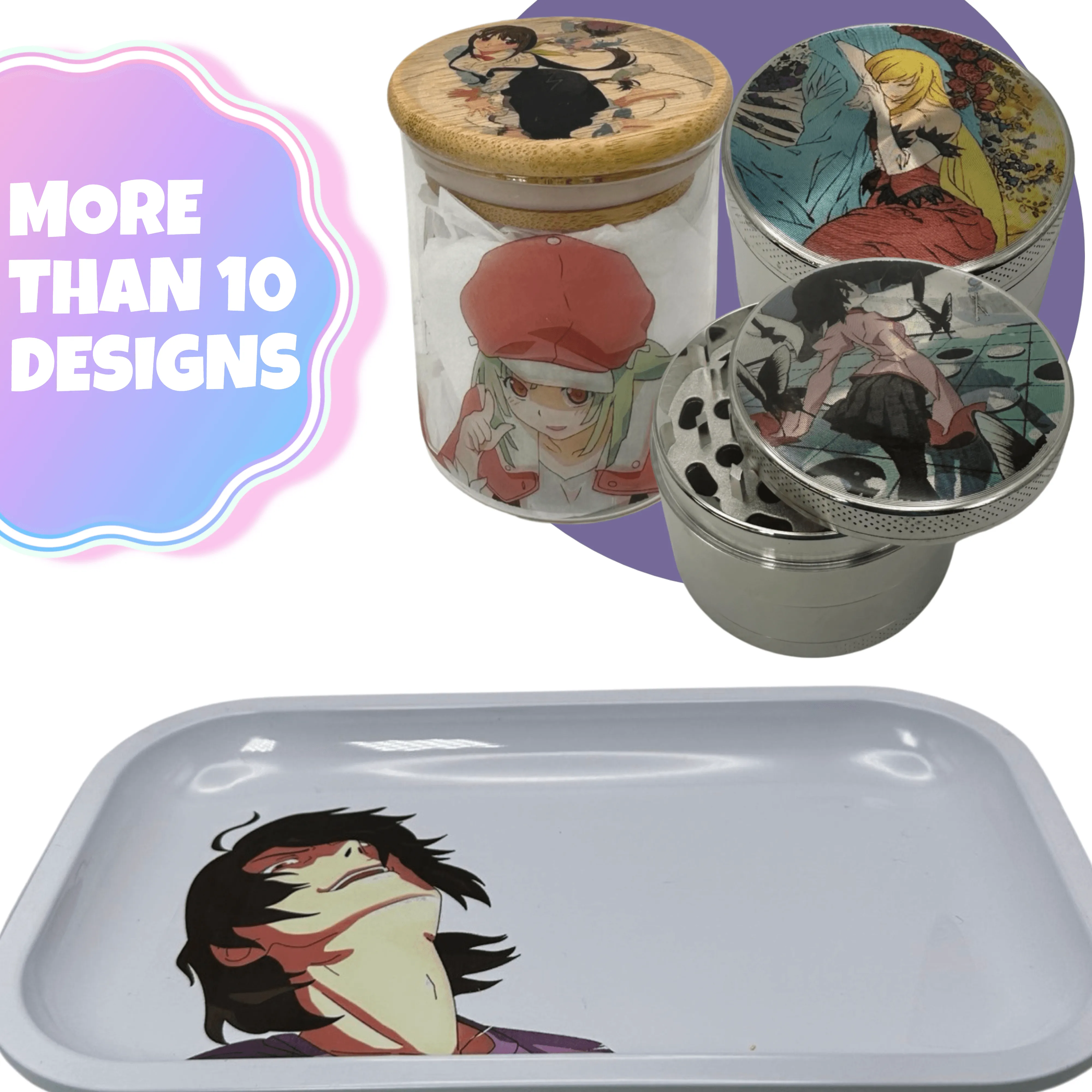 Monogatari Anime Spice Grinder, Stash Jar, Rolling Tray Set