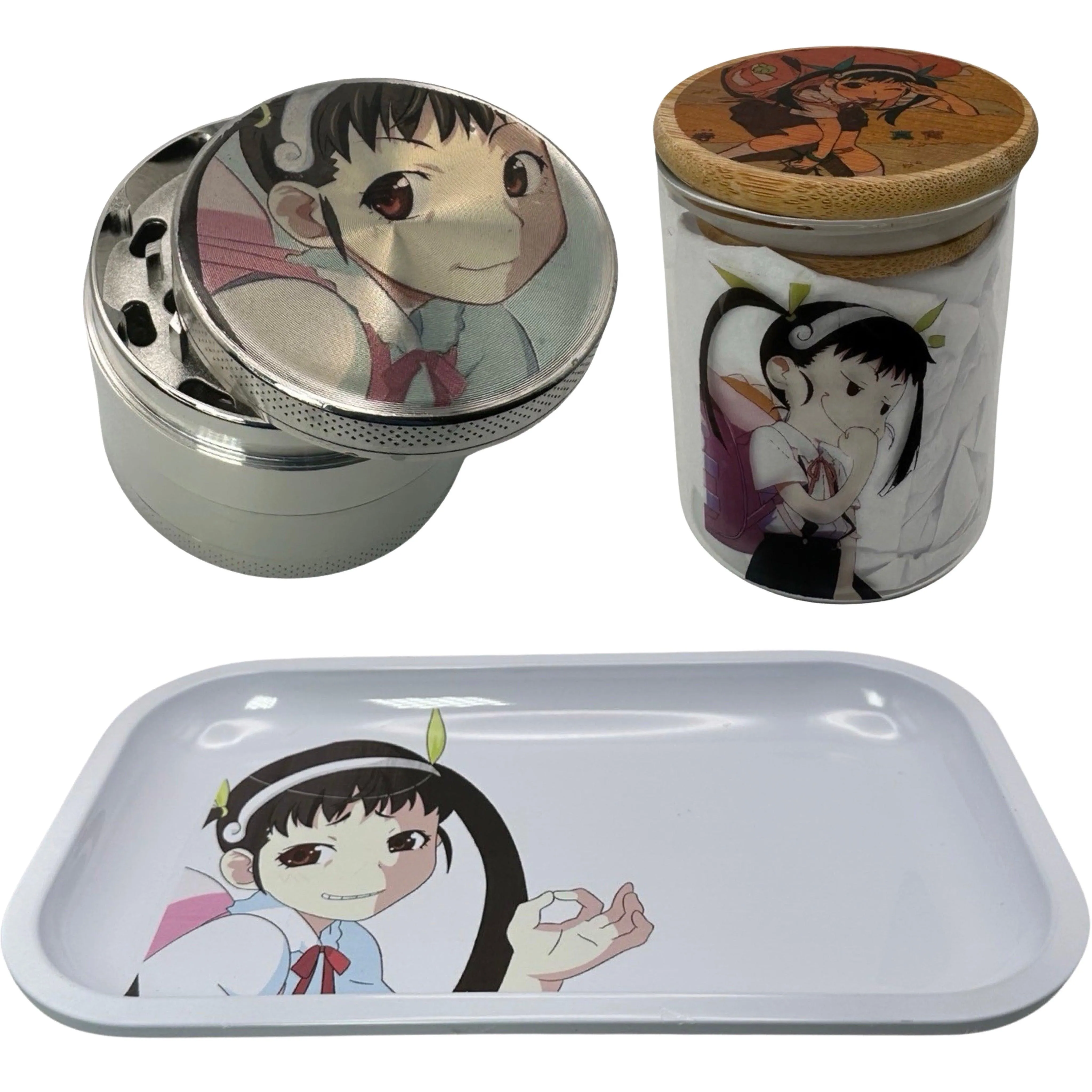 Monogatari Anime Spice Grinder, Stash Jar, Rolling Tray Set