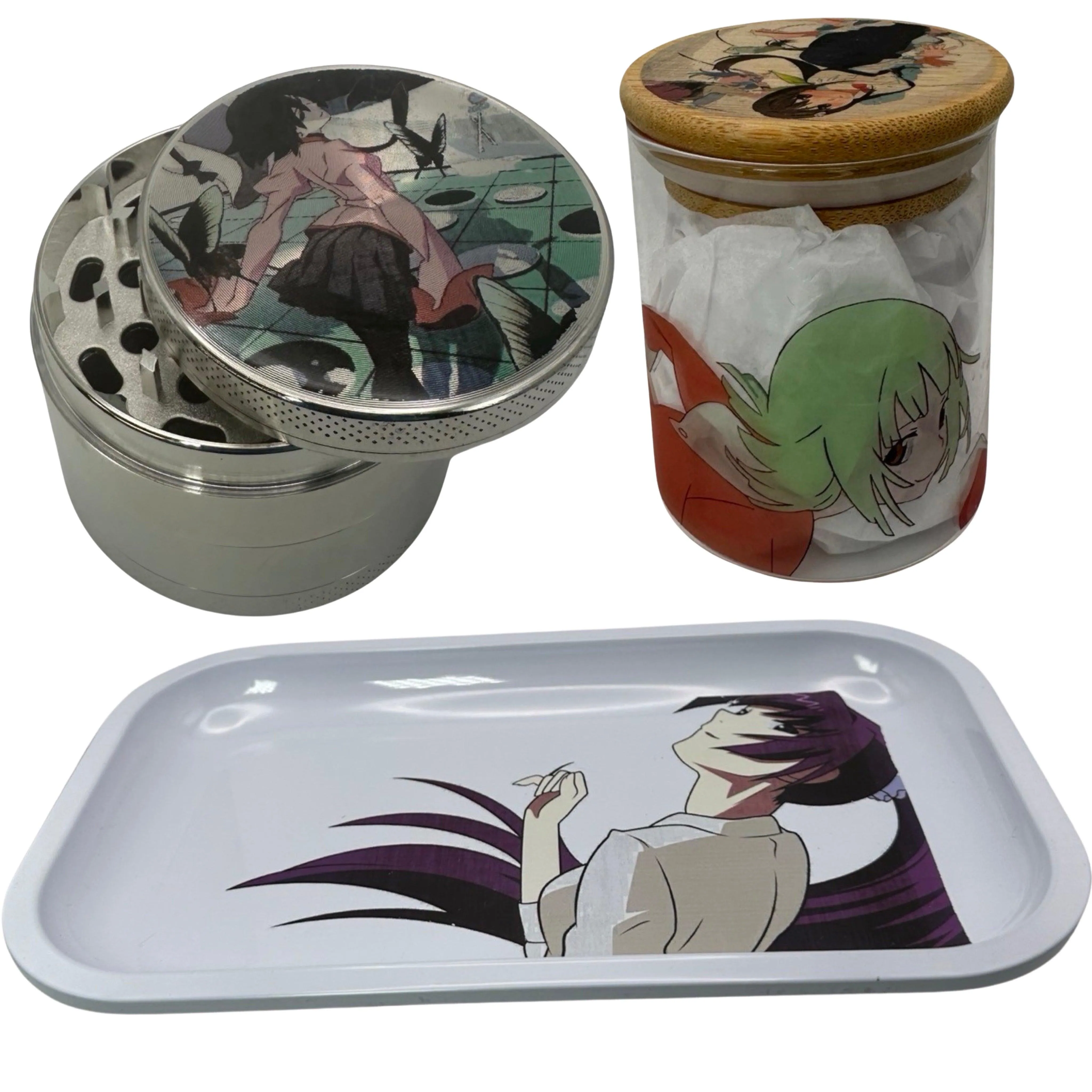 Monogatari Anime Spice Grinder, Stash Jar, Rolling Tray Set