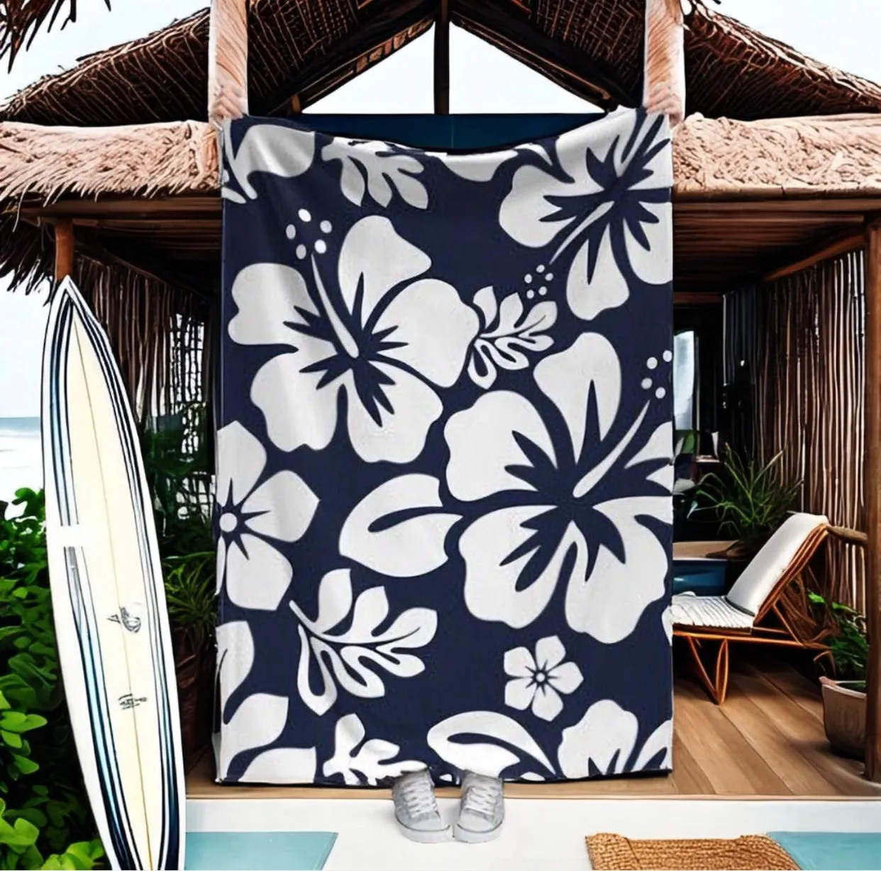 Navy Blue and White Hawaiian Flowers Minky Throw Blanket