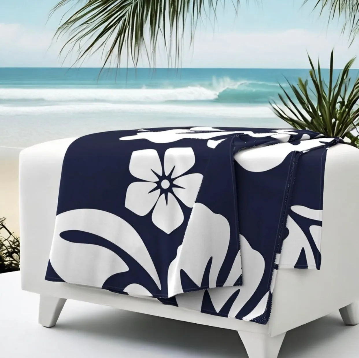 Navy Blue and White Hawaiian Flowers Minky Throw Blanket