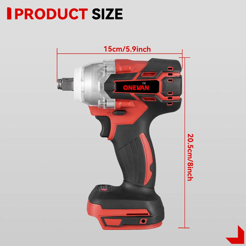 ONEVAN 1/2" 520N·m Cordless Impact Wrench (Includes Plastic Box & 12 Accessories) | For Makita 18V Battery