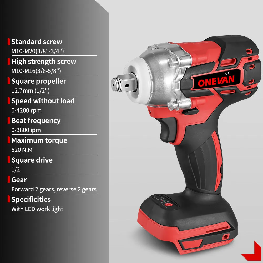 ONEVAN 1/2" 520N·m Cordless Impact Wrench (Includes Plastic Box & 12 Accessories) | For Makita 18V Battery