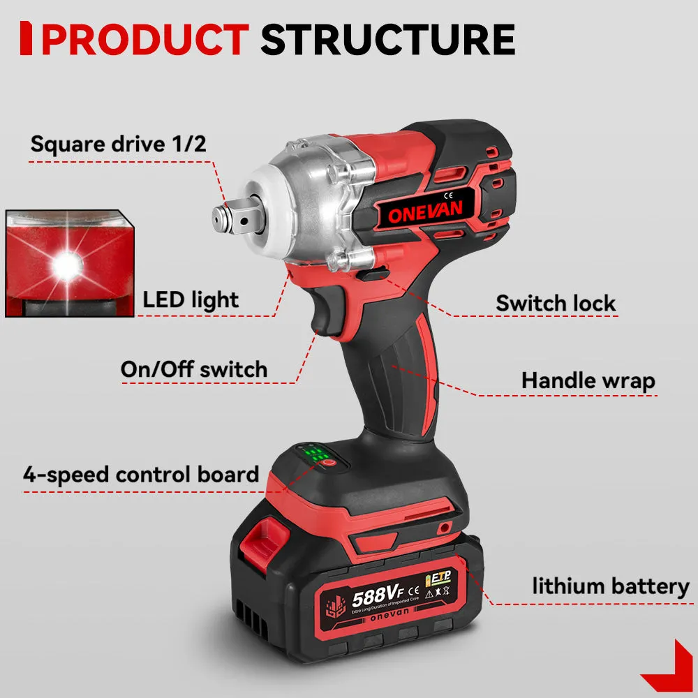 ONEVAN 1/2" 520N·m Cordless Impact Wrench (Includes Plastic Box & 12 Accessories) | For Makita 18V Battery