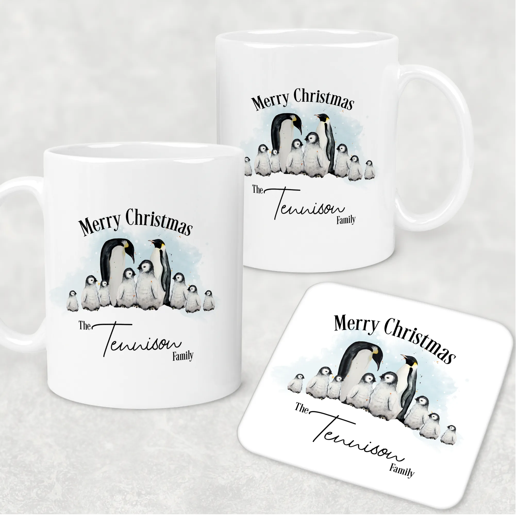 Penguin Family Personalised Christmas Eve Mug and Coaster Set