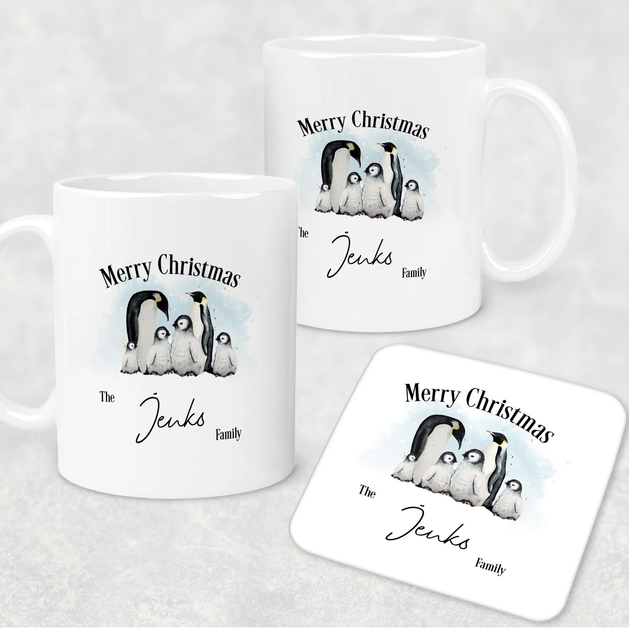 Penguin Family Personalised Christmas Eve Mug and Coaster Set