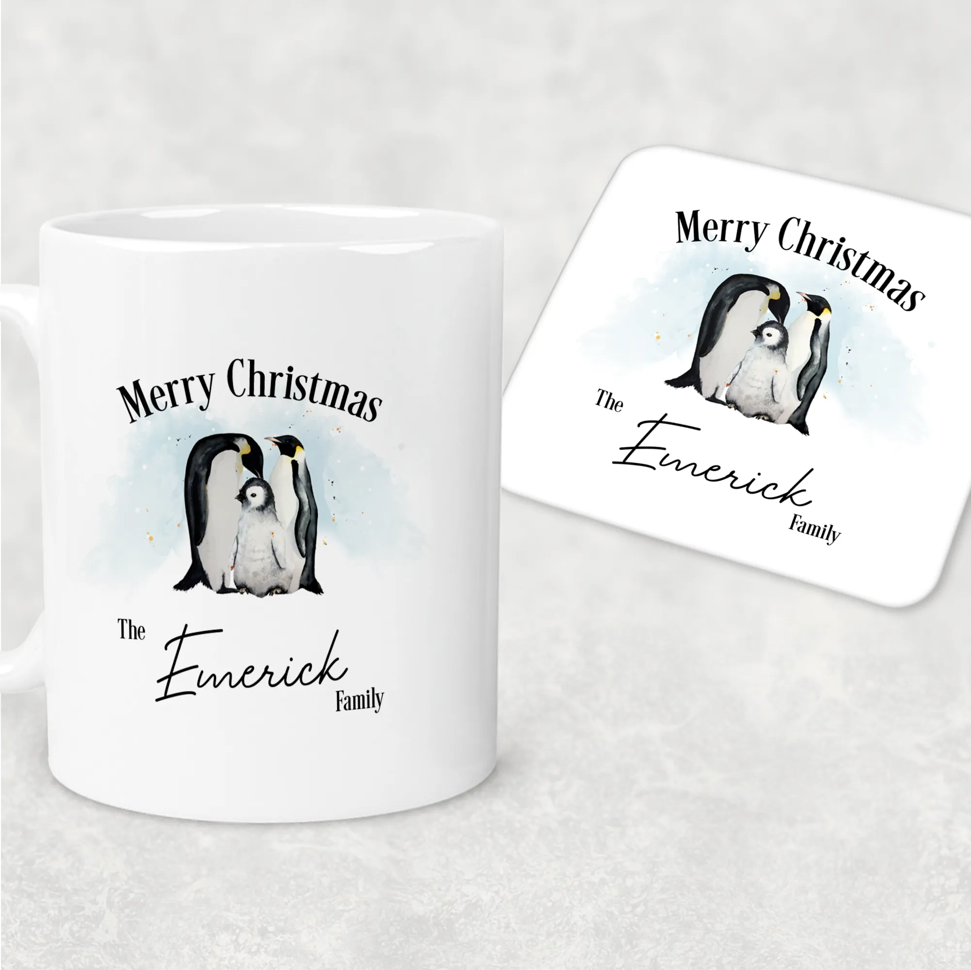 Penguin Family Personalised Christmas Eve Mug and Coaster Set