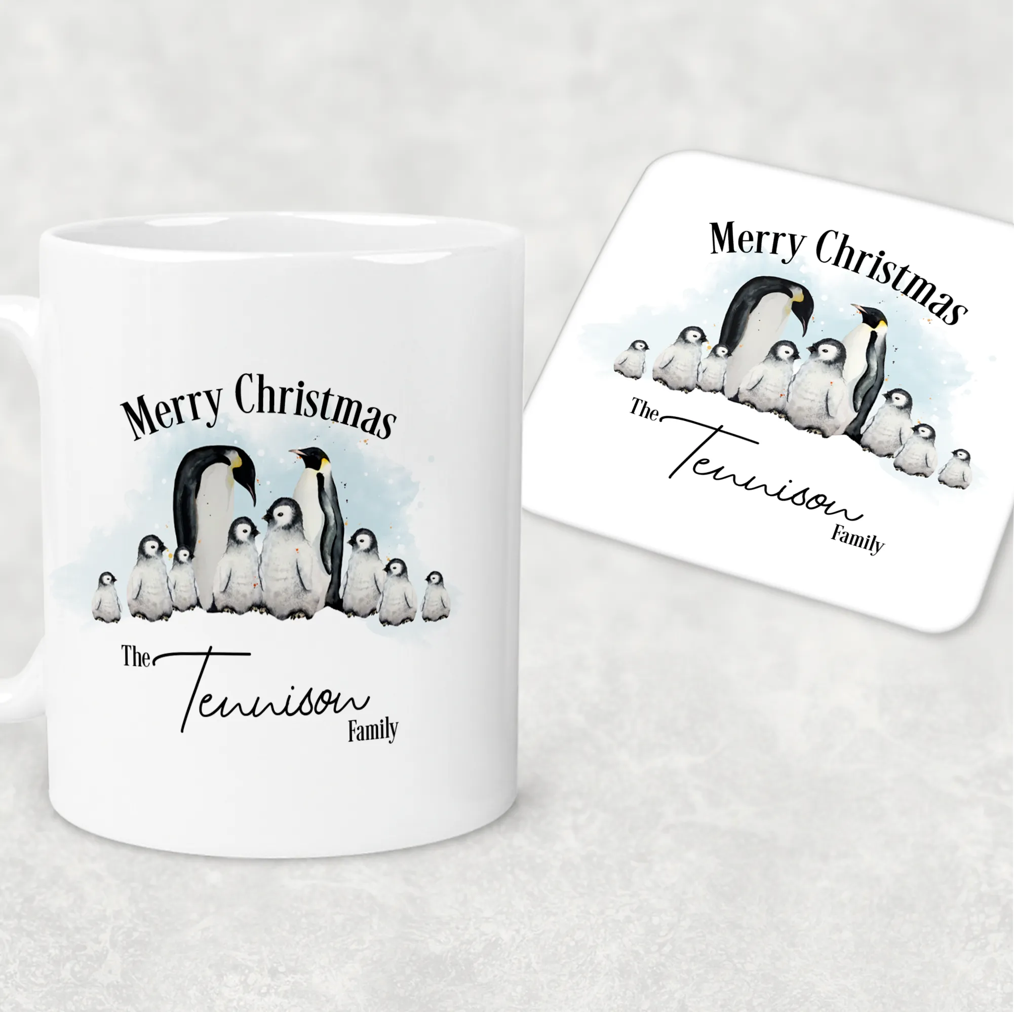 Penguin Family Personalised Christmas Eve Mug and Coaster Set