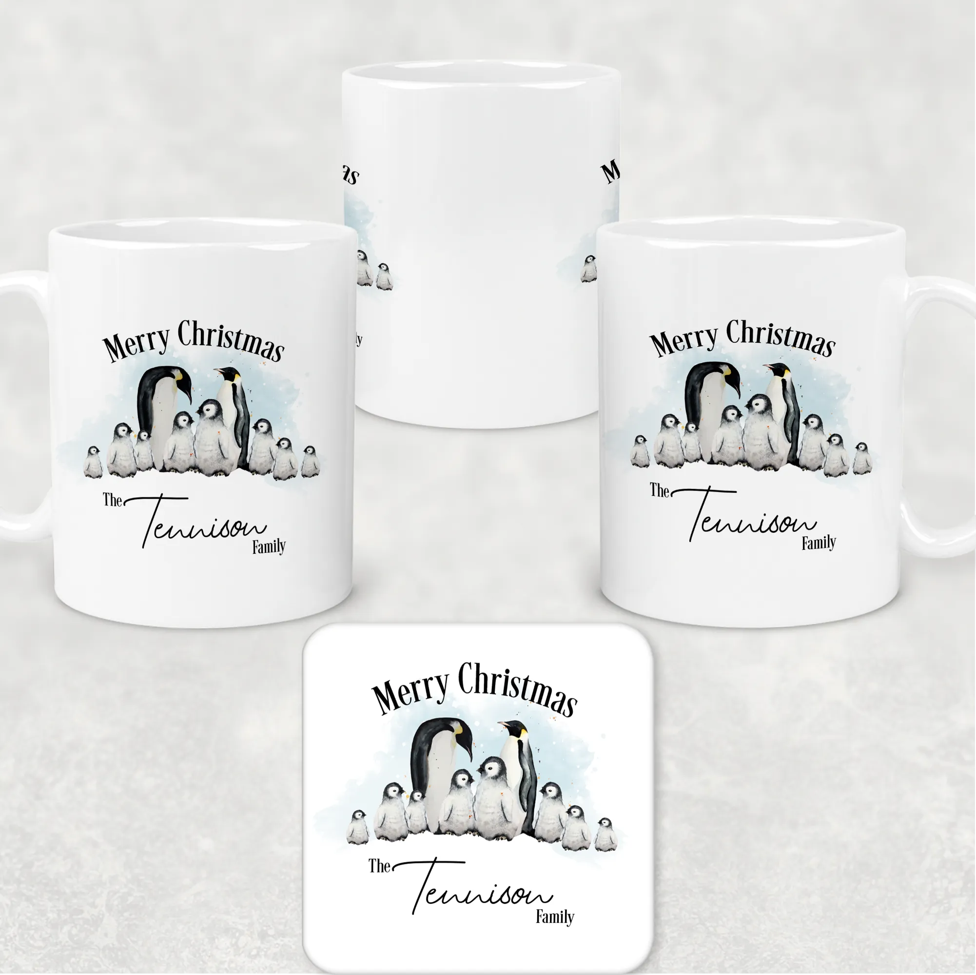 Penguin Family Personalised Christmas Eve Mug and Coaster Set