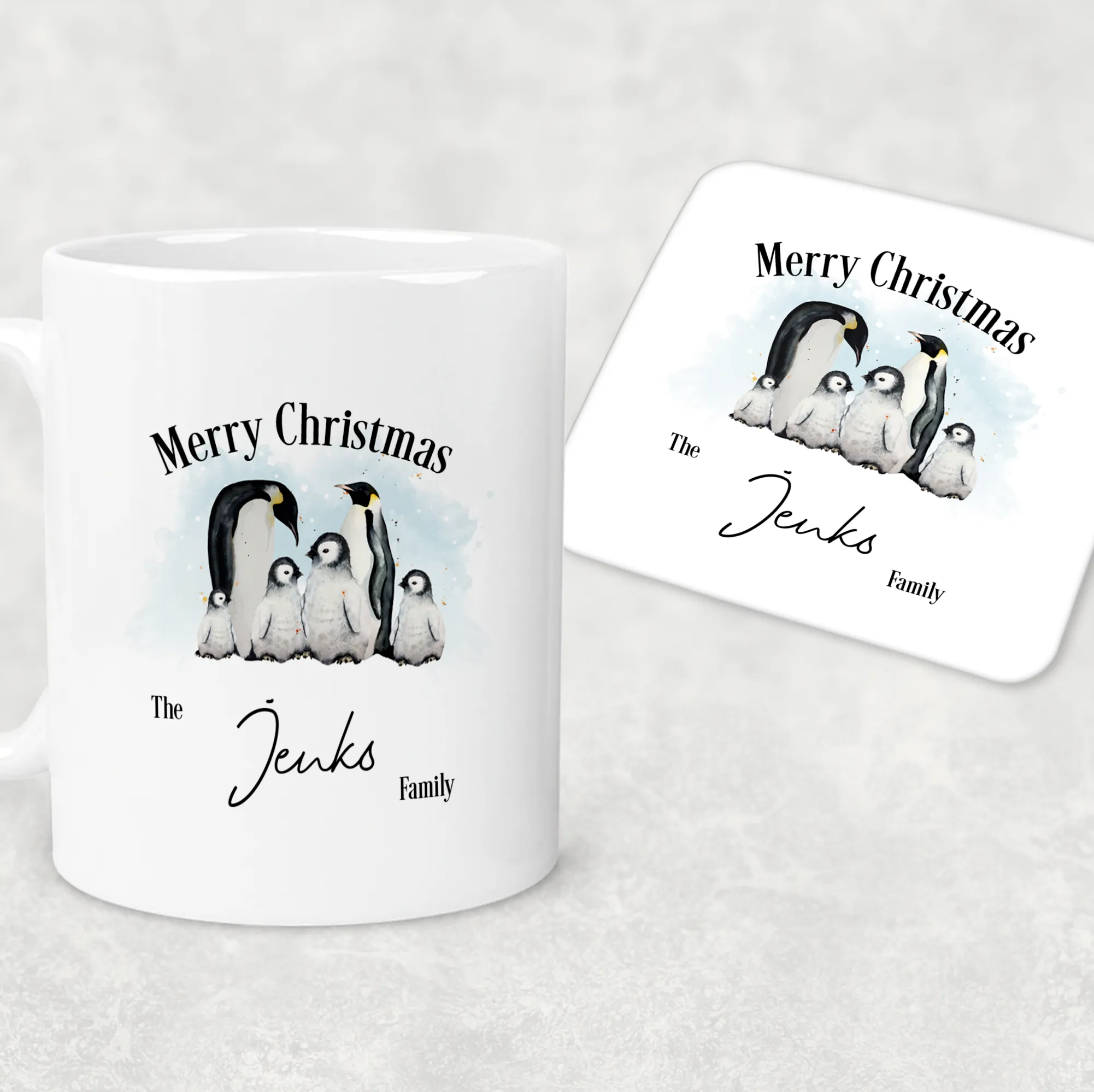 Penguin Family Personalised Christmas Eve Mug and Coaster Set