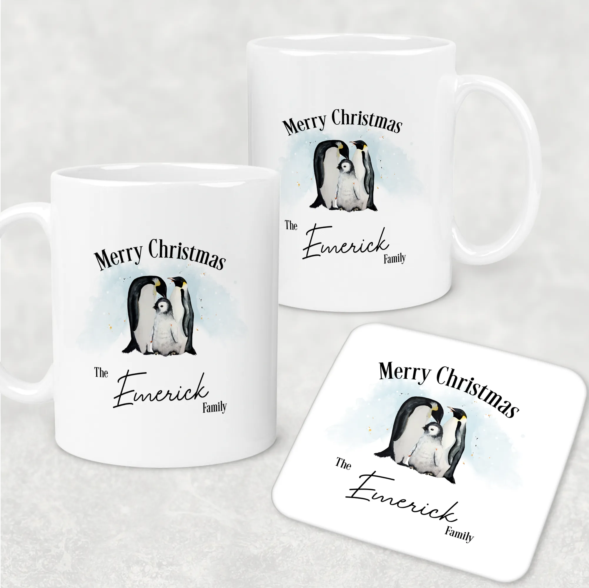 Penguin Family Personalised Christmas Eve Mug and Coaster Set