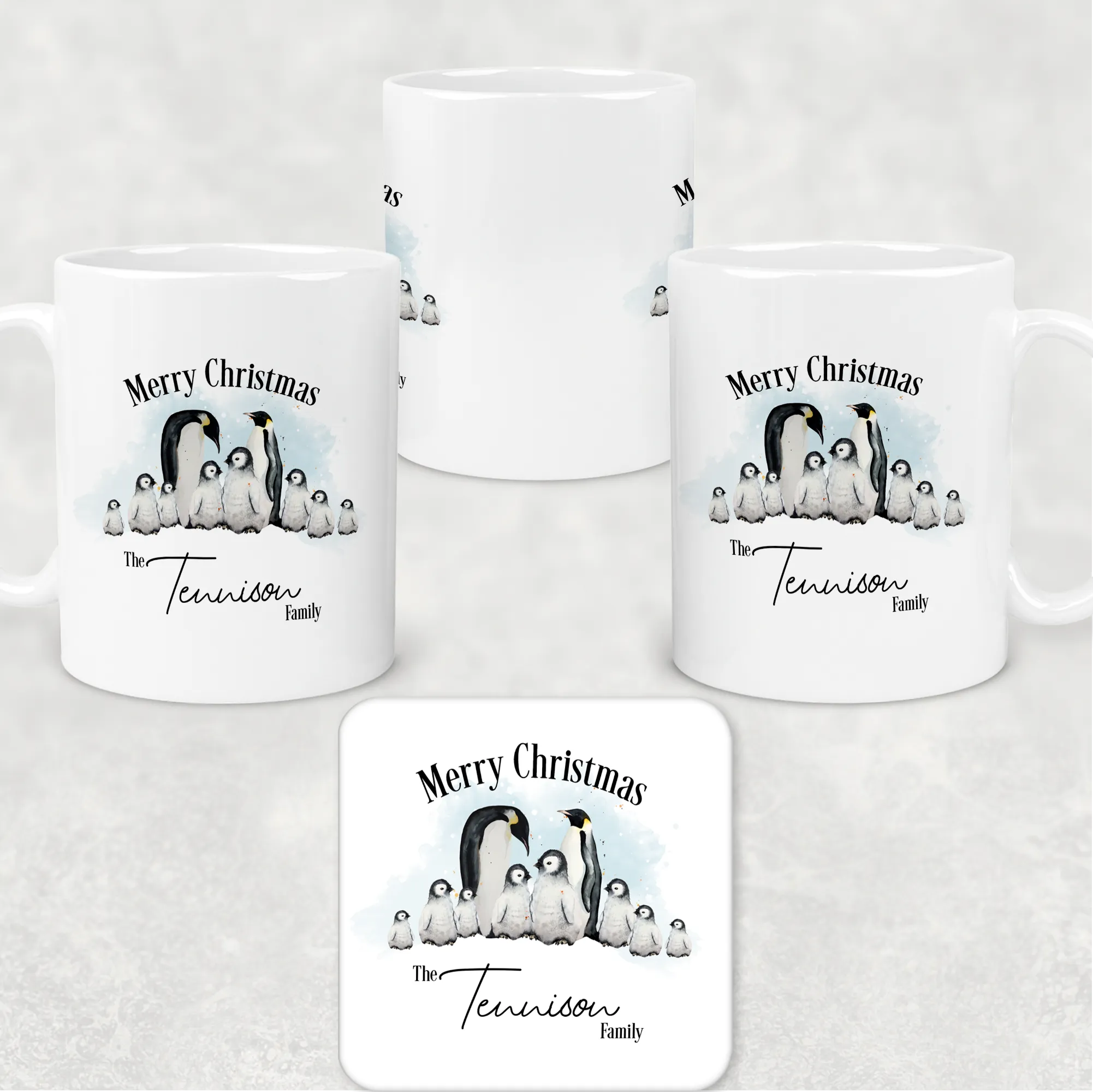 Penguin Family Personalised Christmas Eve Mug and Coaster Set