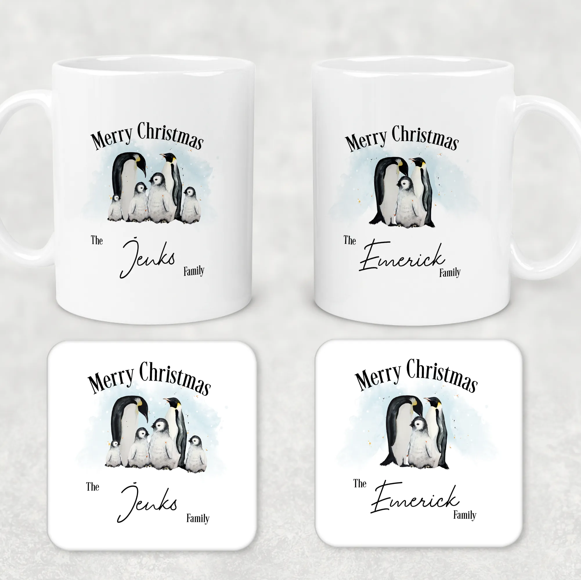 Penguin Family Personalised Christmas Eve Mug and Coaster Set