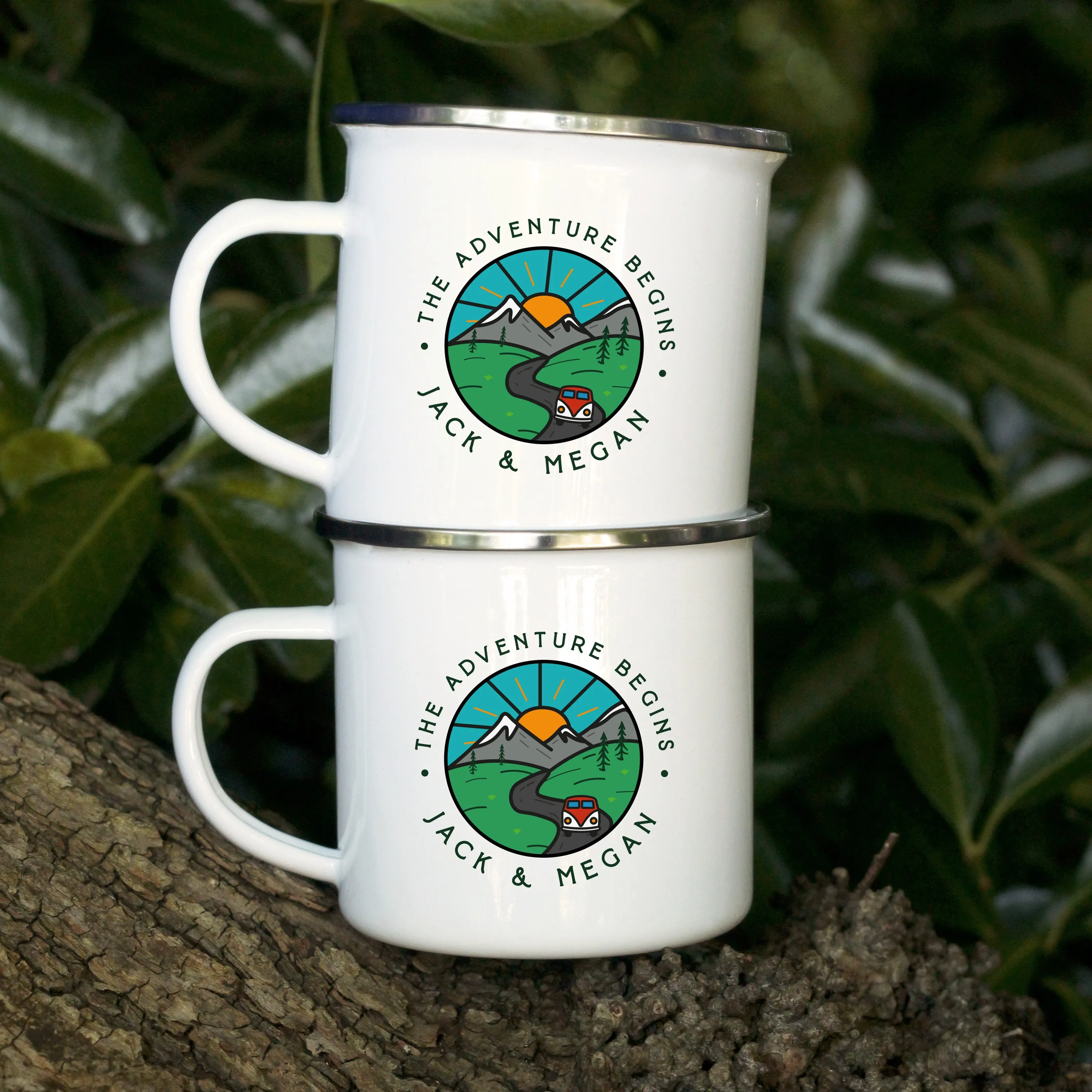 Personalised 'Adventure Begins' Metal Enamel Mug, 13 oz