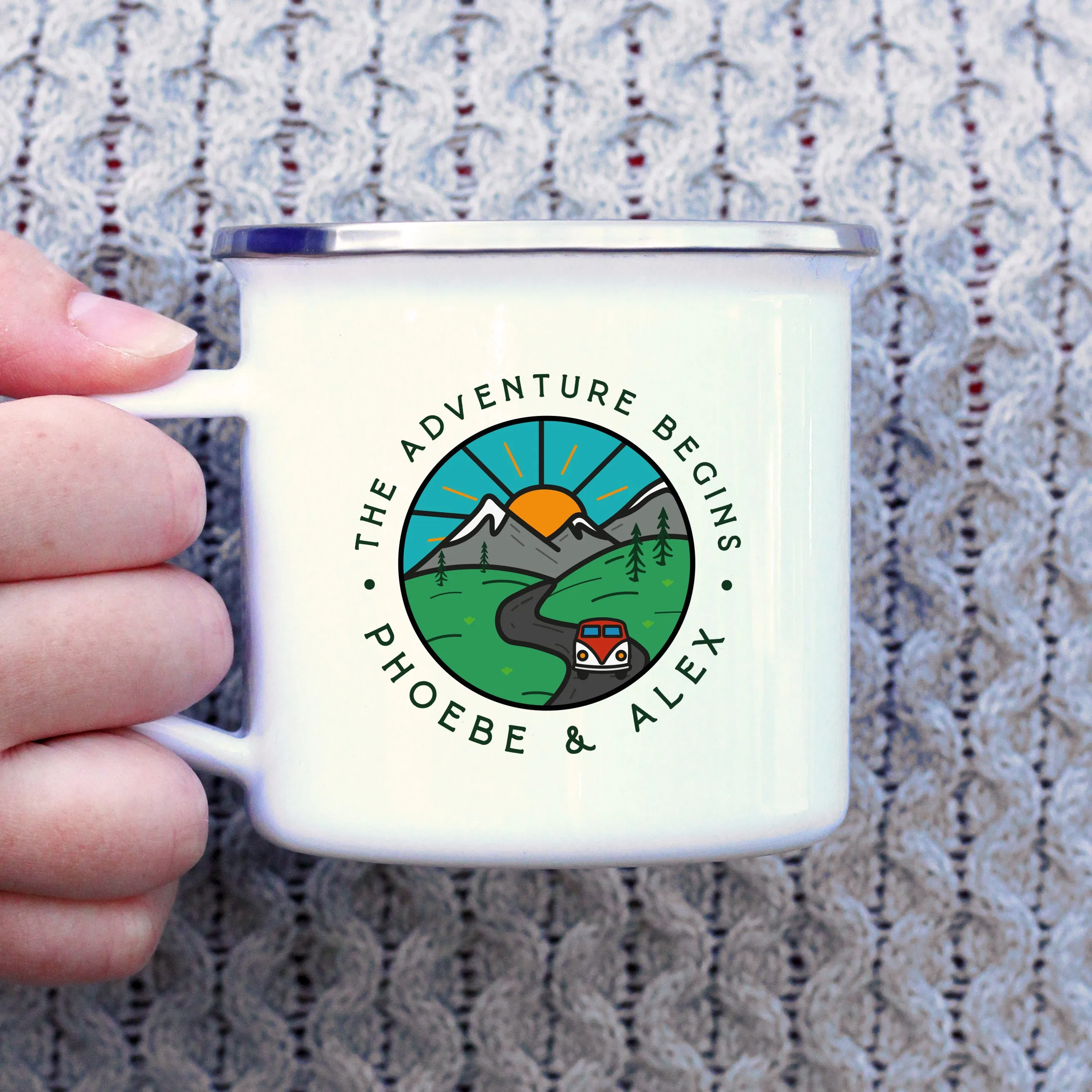 Personalised 'Adventure Begins' Metal Enamel Mug, 13 oz