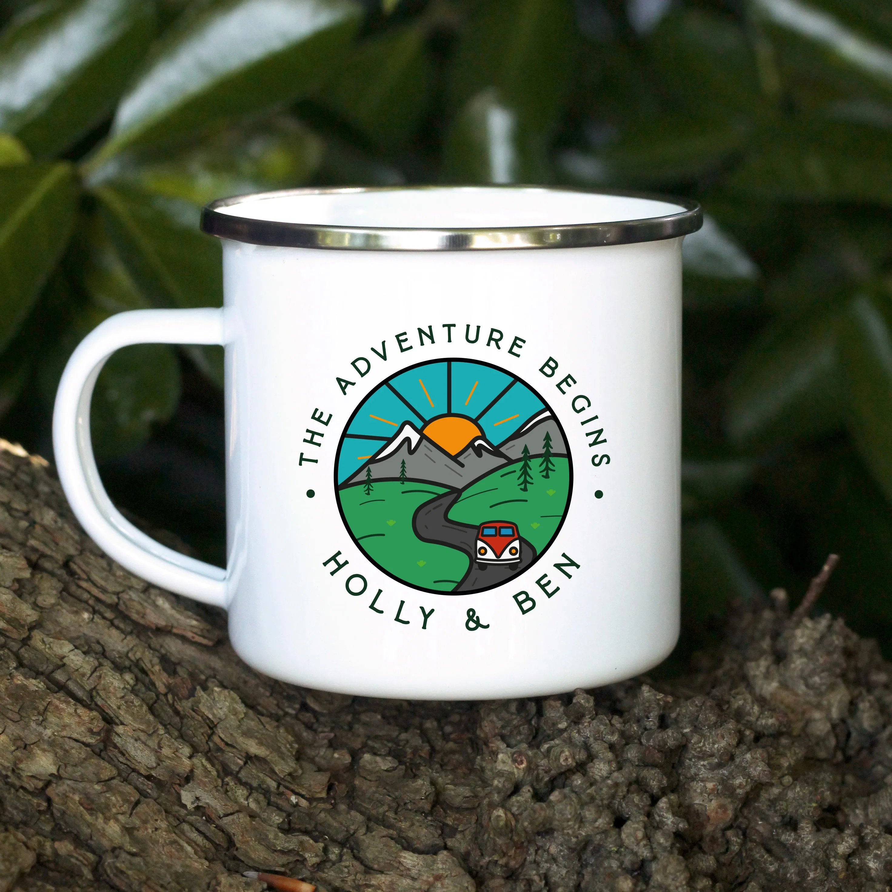 Personalised 'Adventure Begins' Metal Enamel Mug, 13 oz