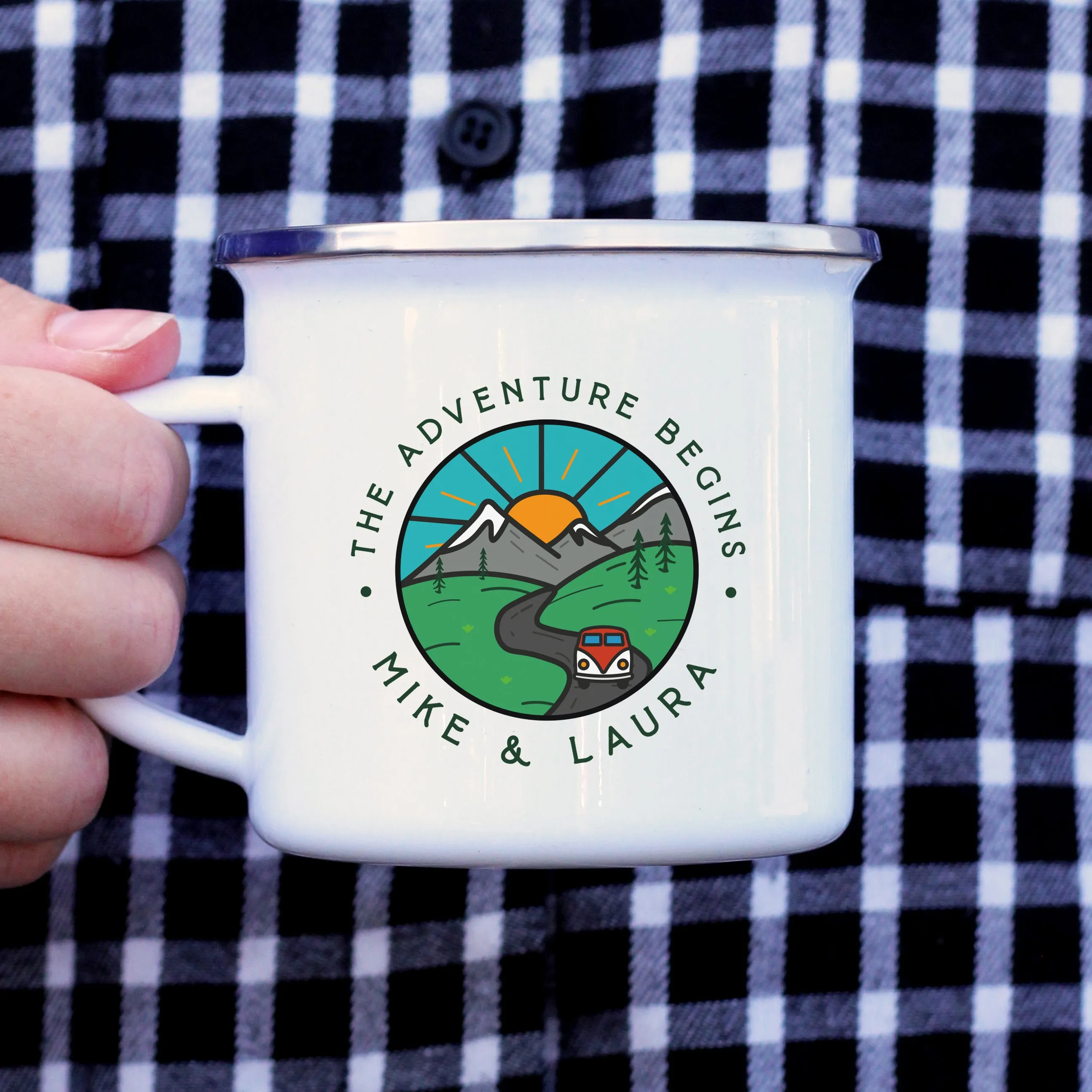 Personalised 'Adventure Begins' Metal Enamel Mug, 13 oz