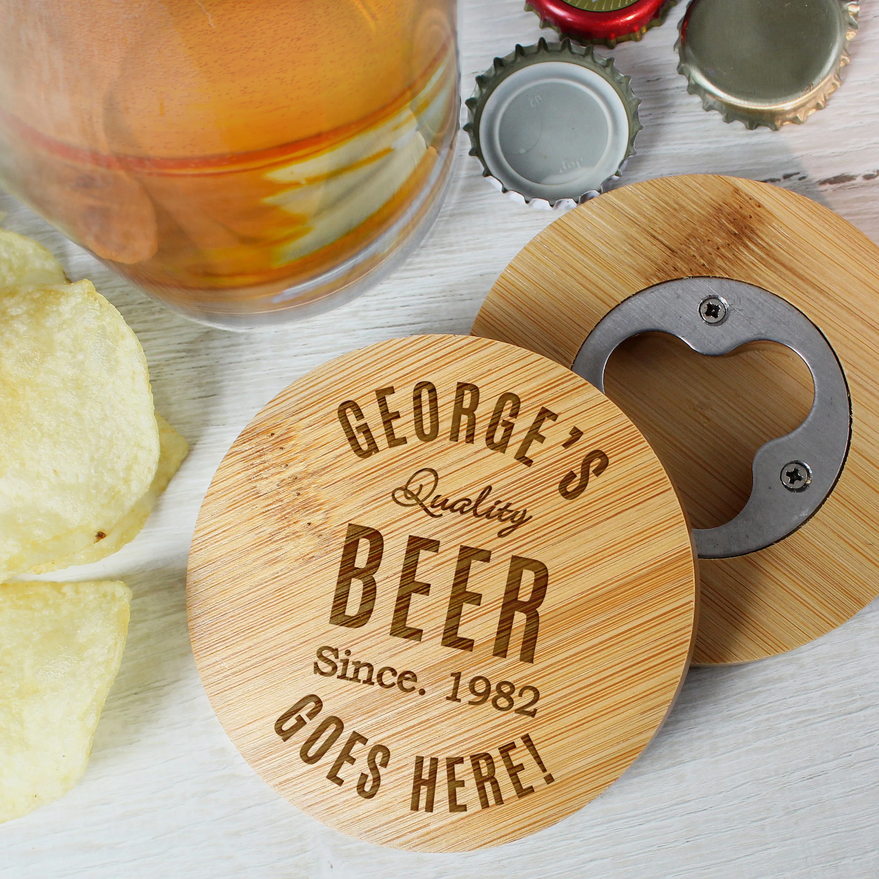 Personalised Free Text Bamboo Bottle Opener Coaster And Pint Glass