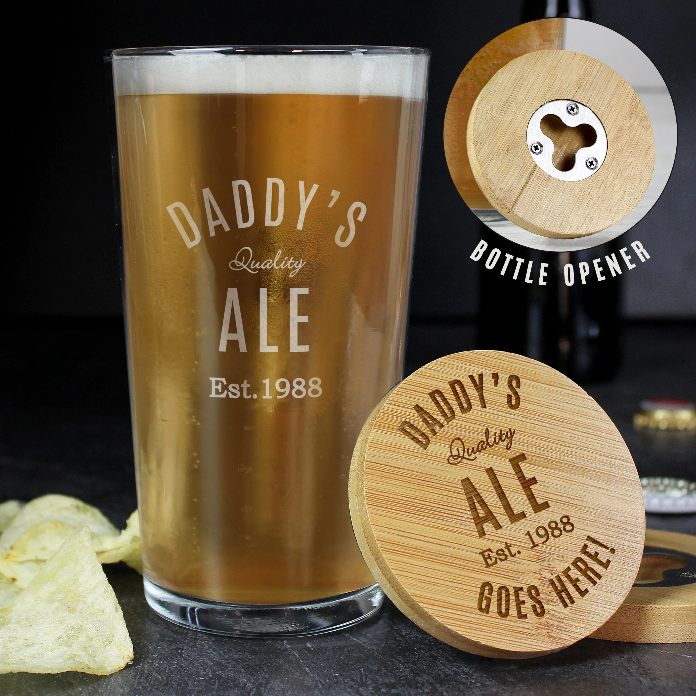 Personalised Free Text Bamboo Bottle Opener Coaster And Pint Glass