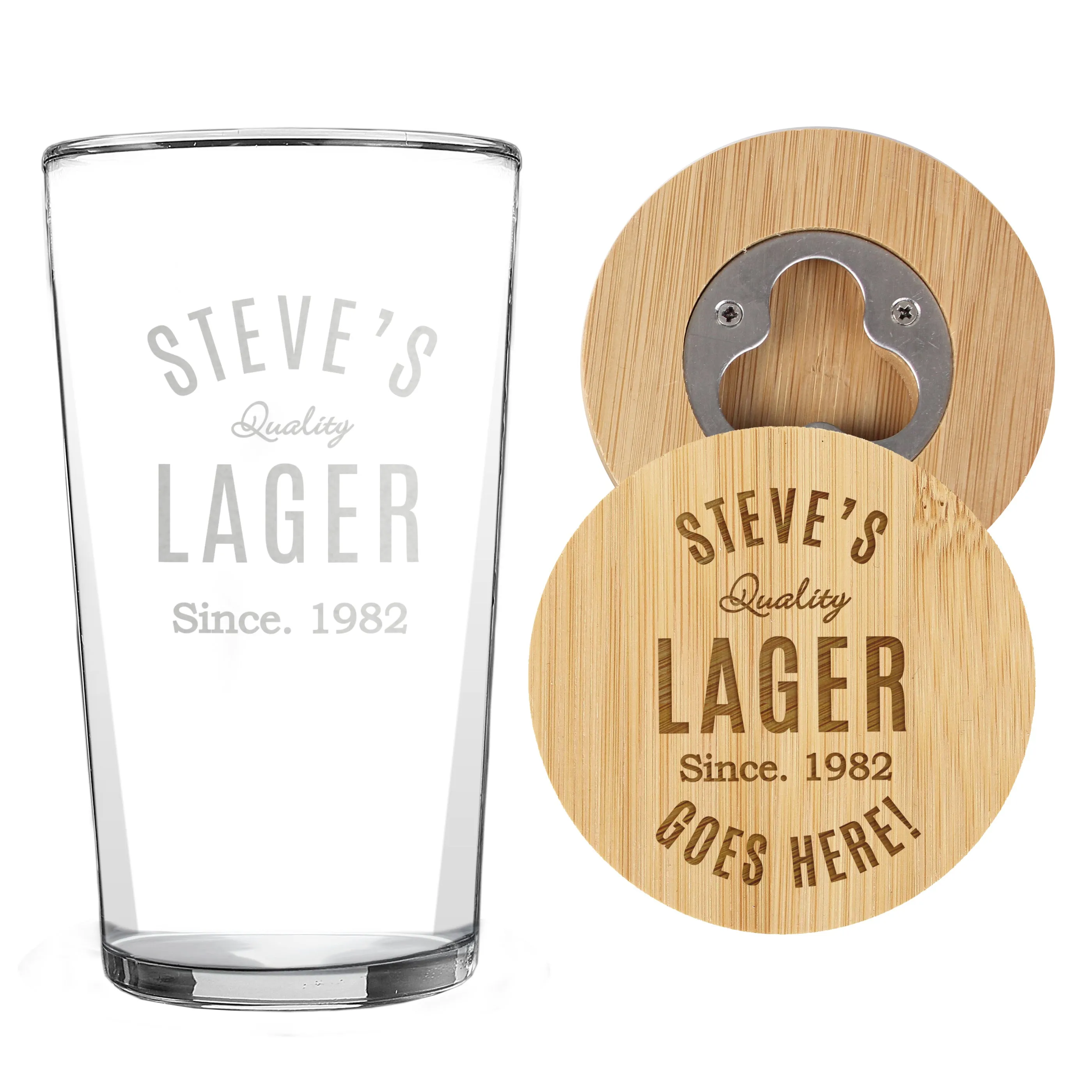 Personalised Free Text Bamboo Bottle Opener Coaster And Pint Glass