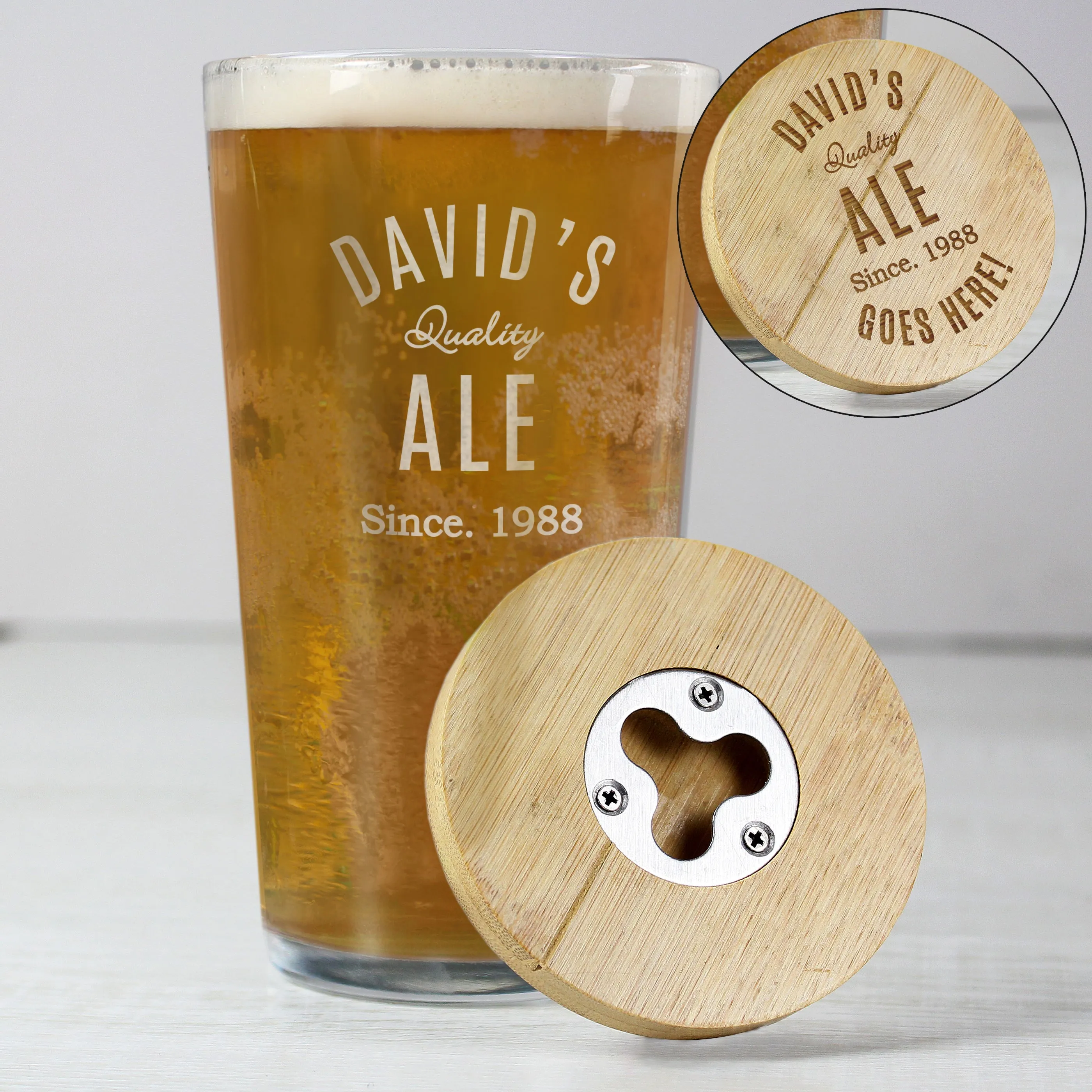 Personalised Free Text Bamboo Bottle Opener Coaster And Pint Glass