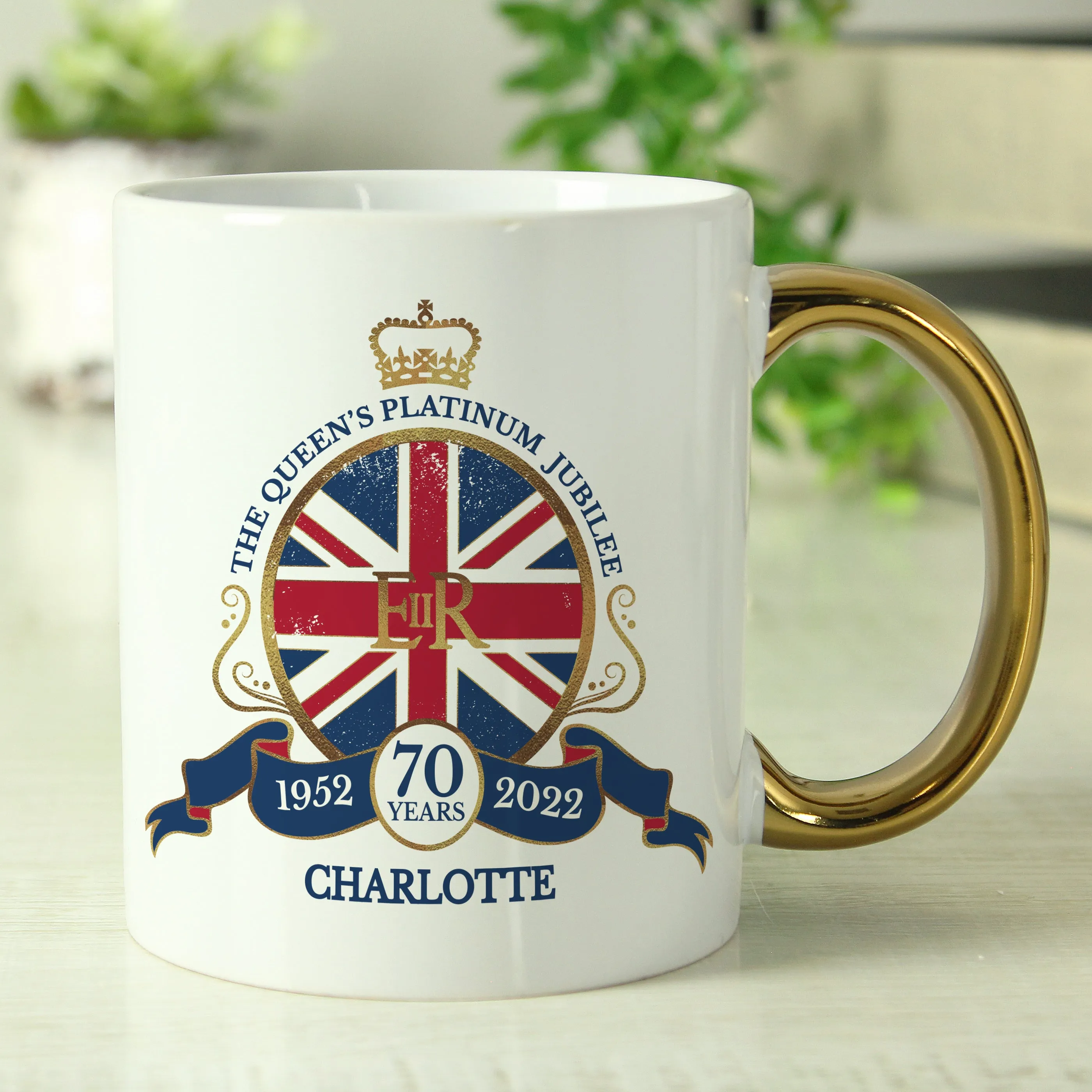 Personalised Union Jack Platinum Jubilee Gold HandLED Mug