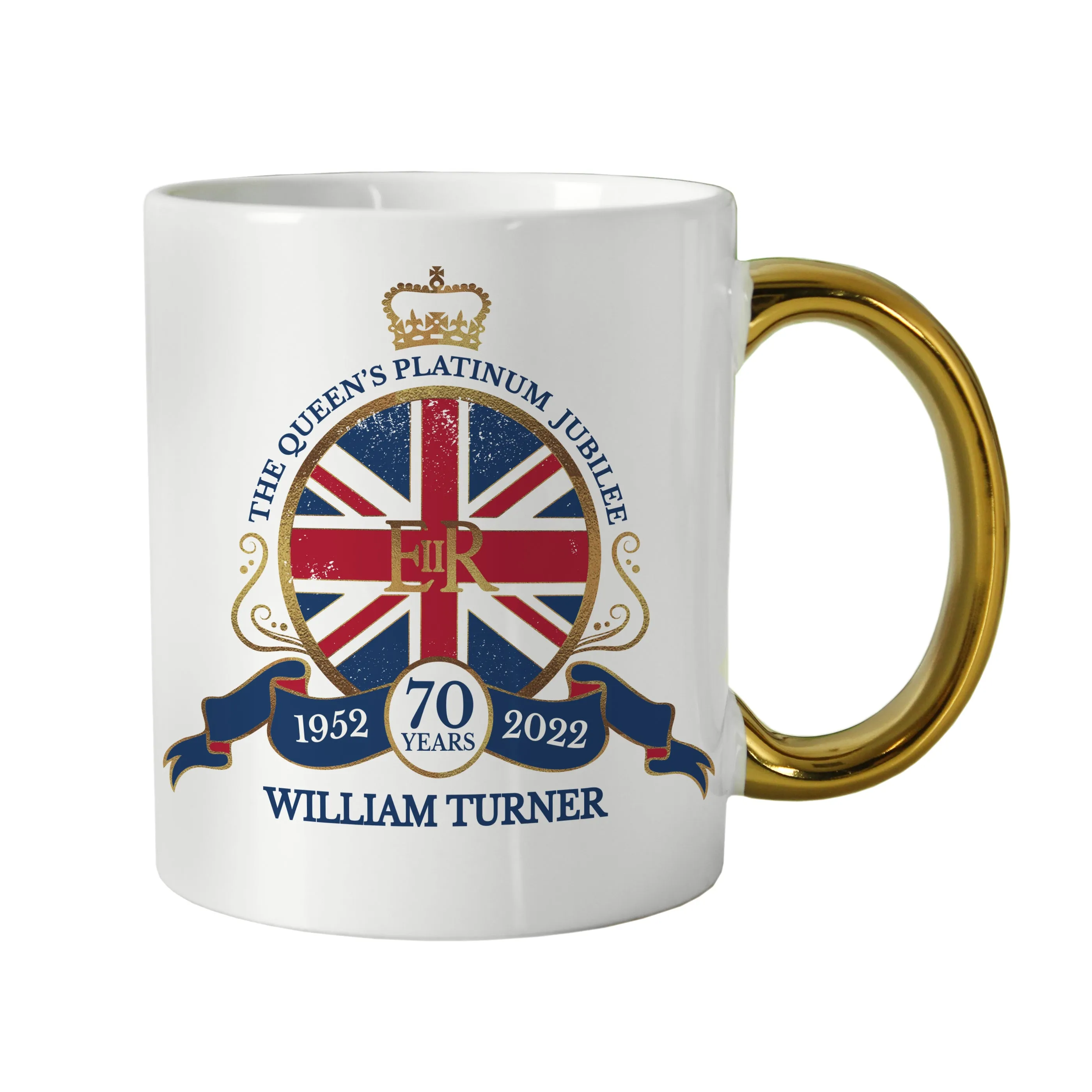 Personalised Union Jack Platinum Jubilee Gold HandLED Mug