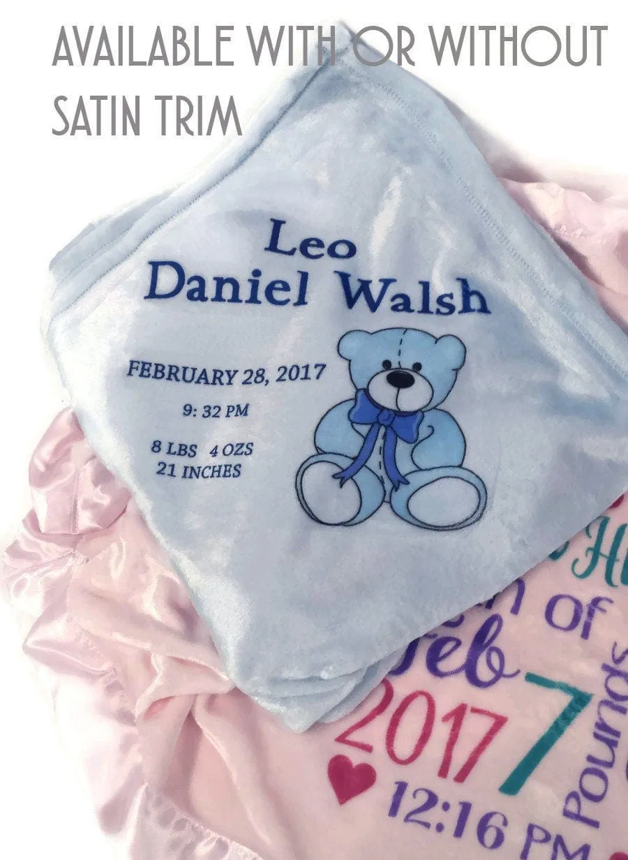 Personalized Baby Blanket Monogrammed Baby Blanket Blue Satin Trim for Boys Receiving Blanket Photo Prop Crib Blanket Baby Shower Gift