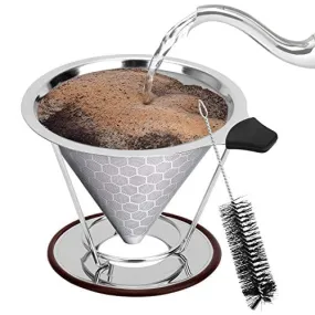 Pour Over Coffee Maker, Stainless Steel Reusable Coffee Filter, Paperless Manual Coffee Cone Filter, Pour Over Coffee Dripper for (1-4 Cup), Fine Mesh Coffee Strainer with Stand and Bonus Brush