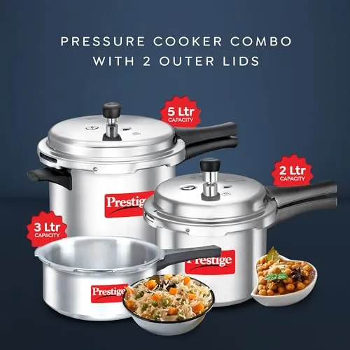 Prestige 2L 3L 5 Litres Popular Max outer lid Aluminium combo Pressure Cooker with 2 lids |Gas & Induction compatible|Pressure Indicator | Gasket-release system