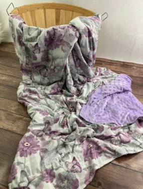 Purple Watercolor Butterflies and Floral Weighted Blanket or Lap Pad Cotton Fabric - Toddler, Child, Teen, Adult -Dot Minky - Anxiety, Sleep.