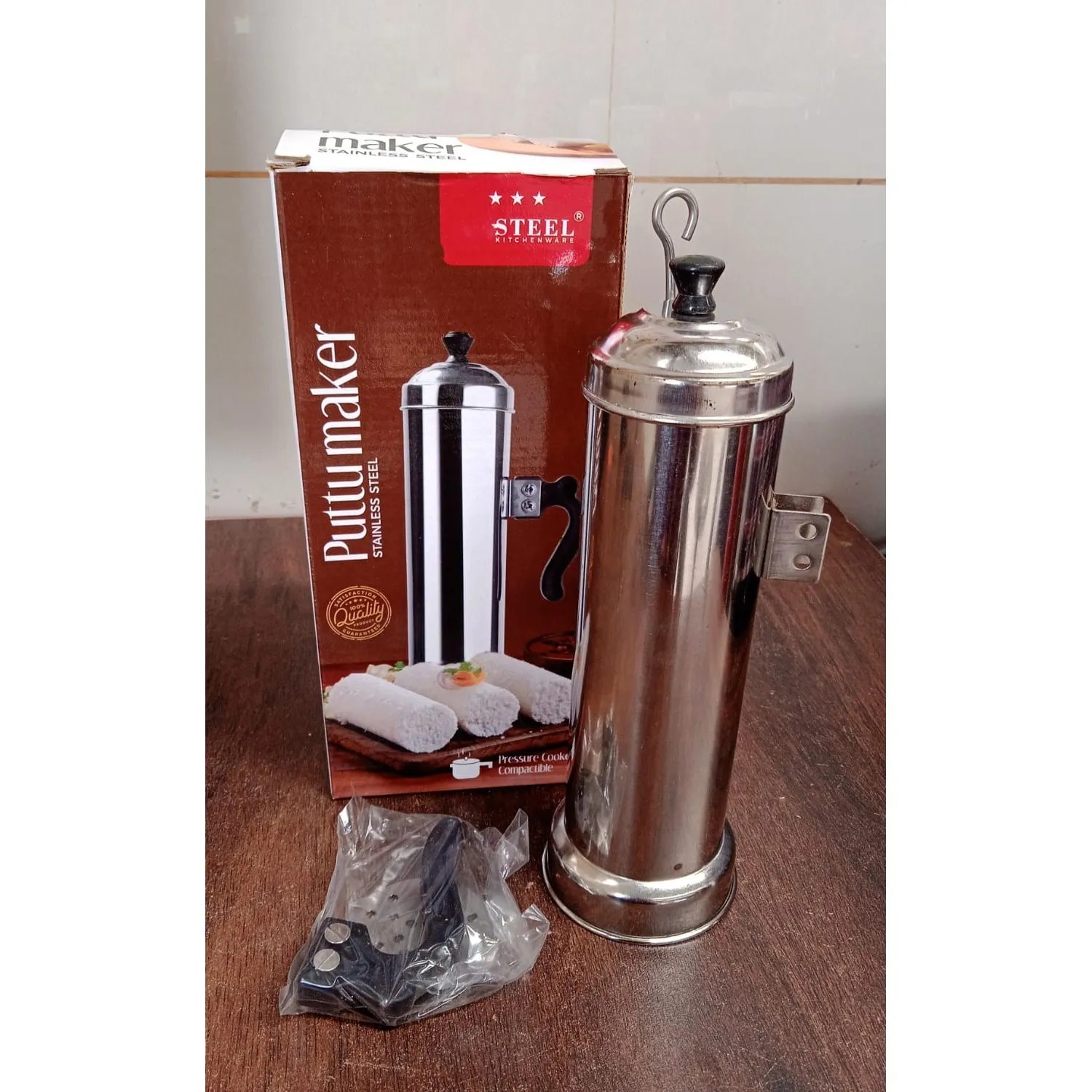 Puttu Maker with Steamer Plate, Metal Stick, Black Plastic Handle, Silver Lid,  Puttu Maker Set  To Use with Pressure Cooker Top, Food Grade Stainless Steel