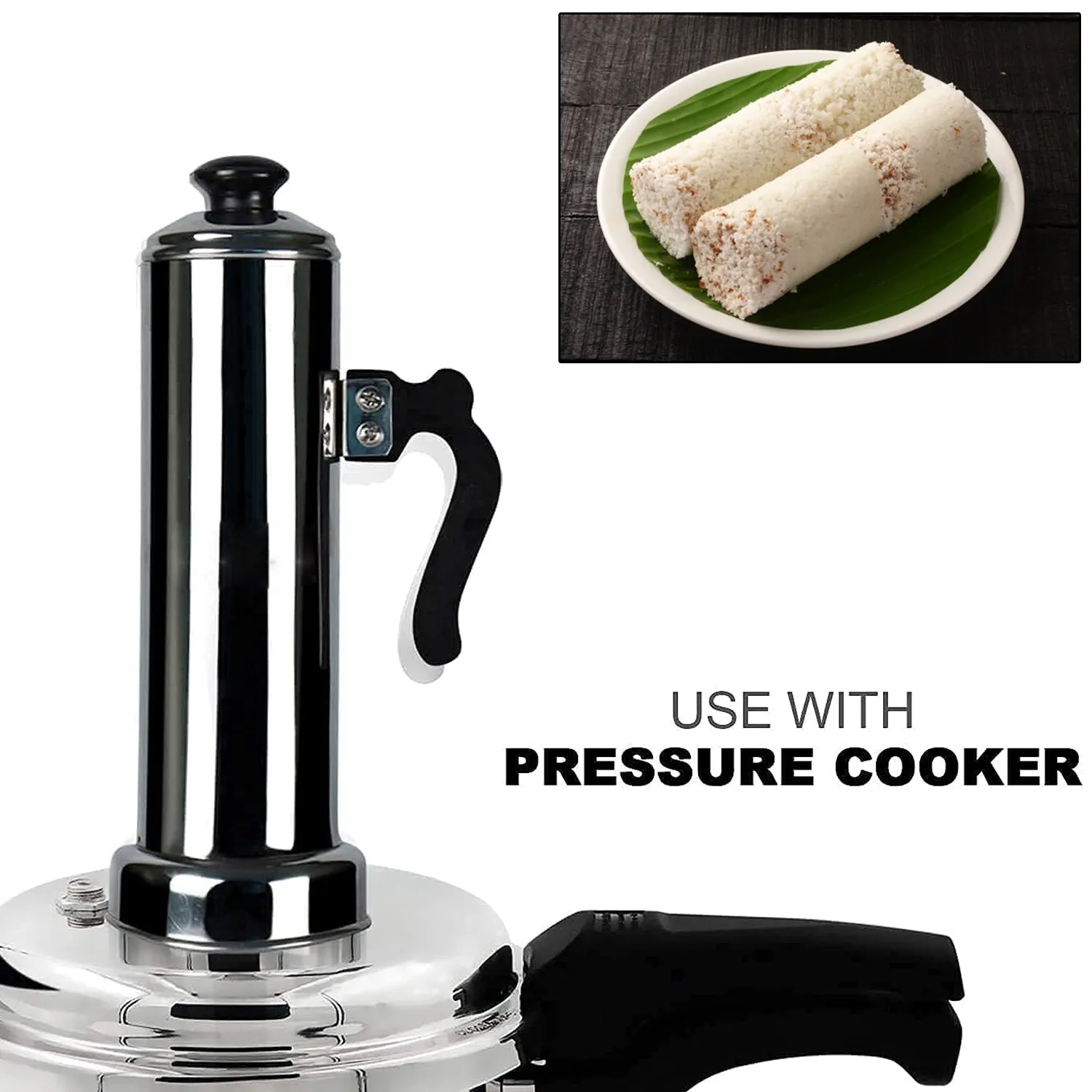 Puttu Maker with Steamer Plate, Metal Stick, Black Plastic Handle, Silver Lid,  Puttu Maker Set  To Use with Pressure Cooker Top, Food Grade Stainless Steel