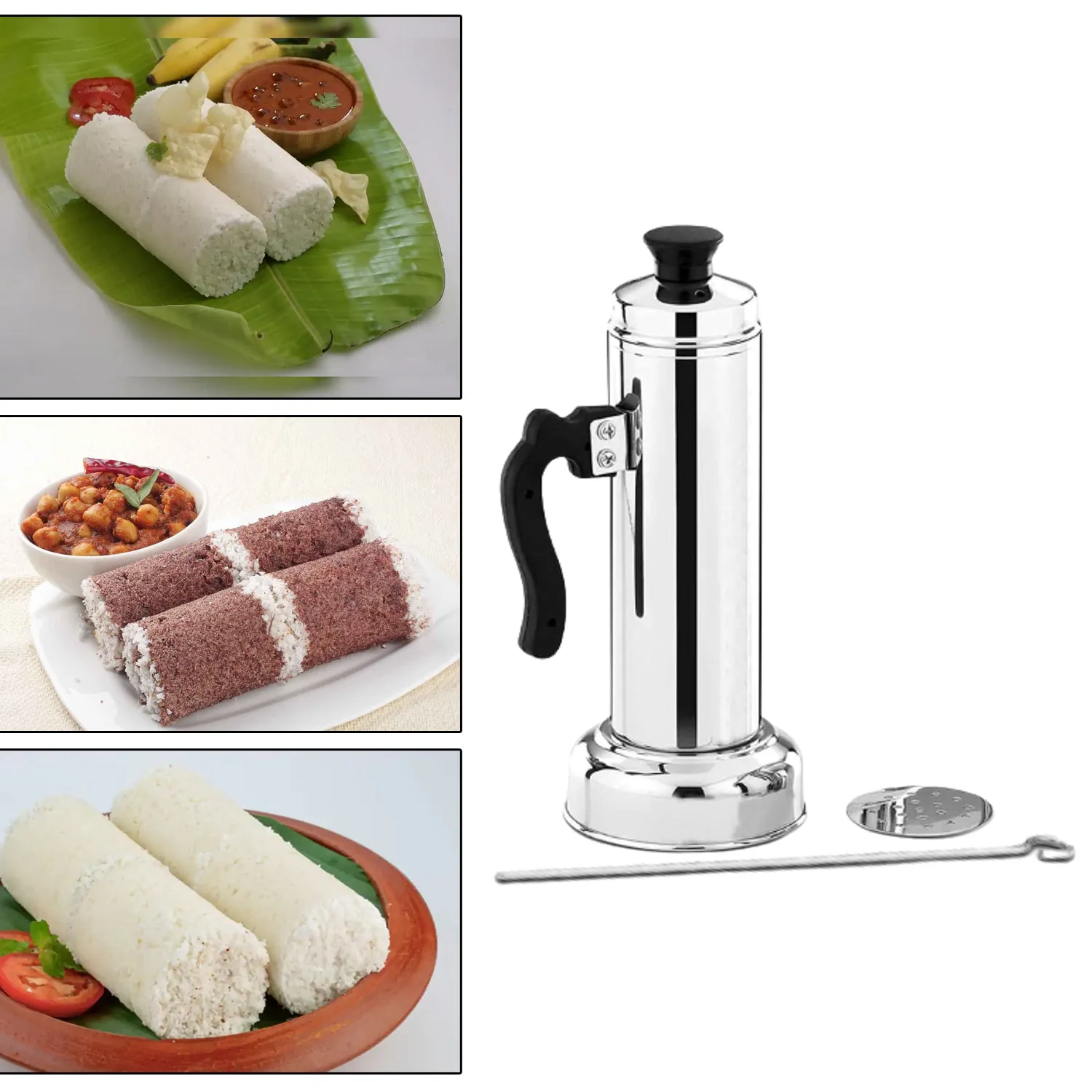 Puttu Maker with Steamer Plate, Metal Stick, Black Plastic Handle, Silver Lid,  Puttu Maker Set  To Use with Pressure Cooker Top, Food Grade Stainless Steel