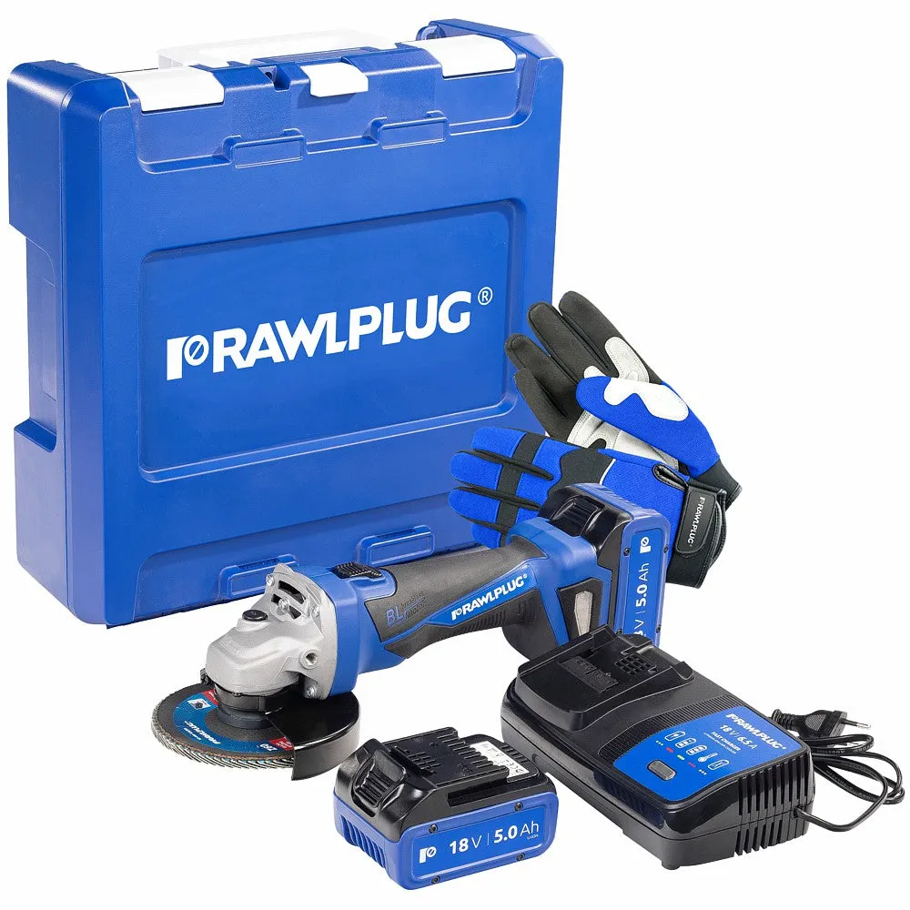 RAWLPLUG ANGLE GRINDER  2XBATTERY 5.0 AH  CHARGER 65A  WITH GLOVES  IN CASE RAWR-PAG18-XL2