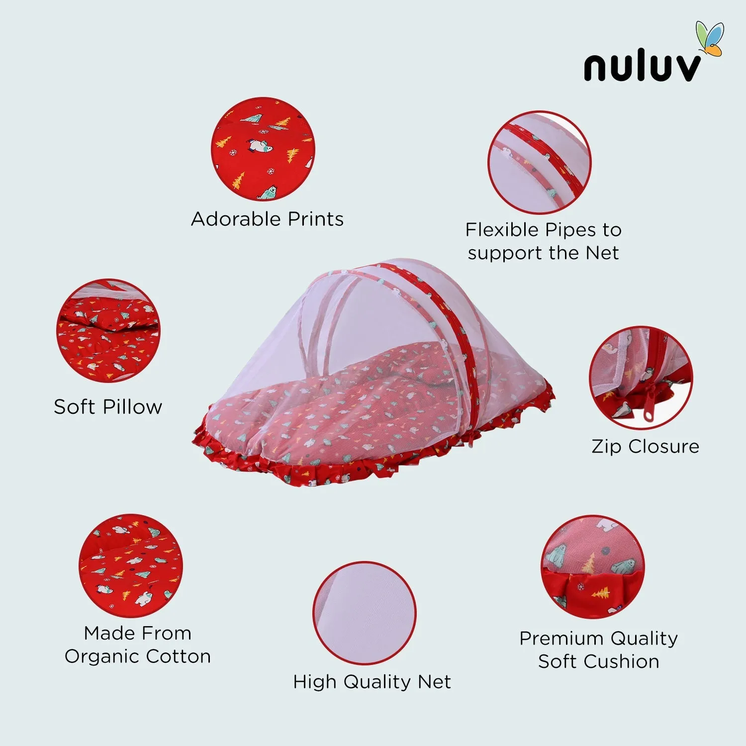 Red bed with Mosquito Net 100 % Organic Cotton with Antimicrobial Finish