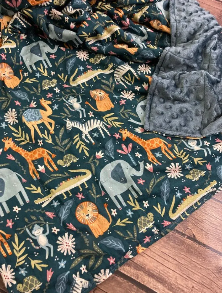 Safari Wild Animals - Giraffe, lion, Zebra, Monkey Weighted Blanket or Lap Pad Cotton Fabric - Toddler, Child, Teen, Adult -Dot Minky - Anxiety, Sleep.