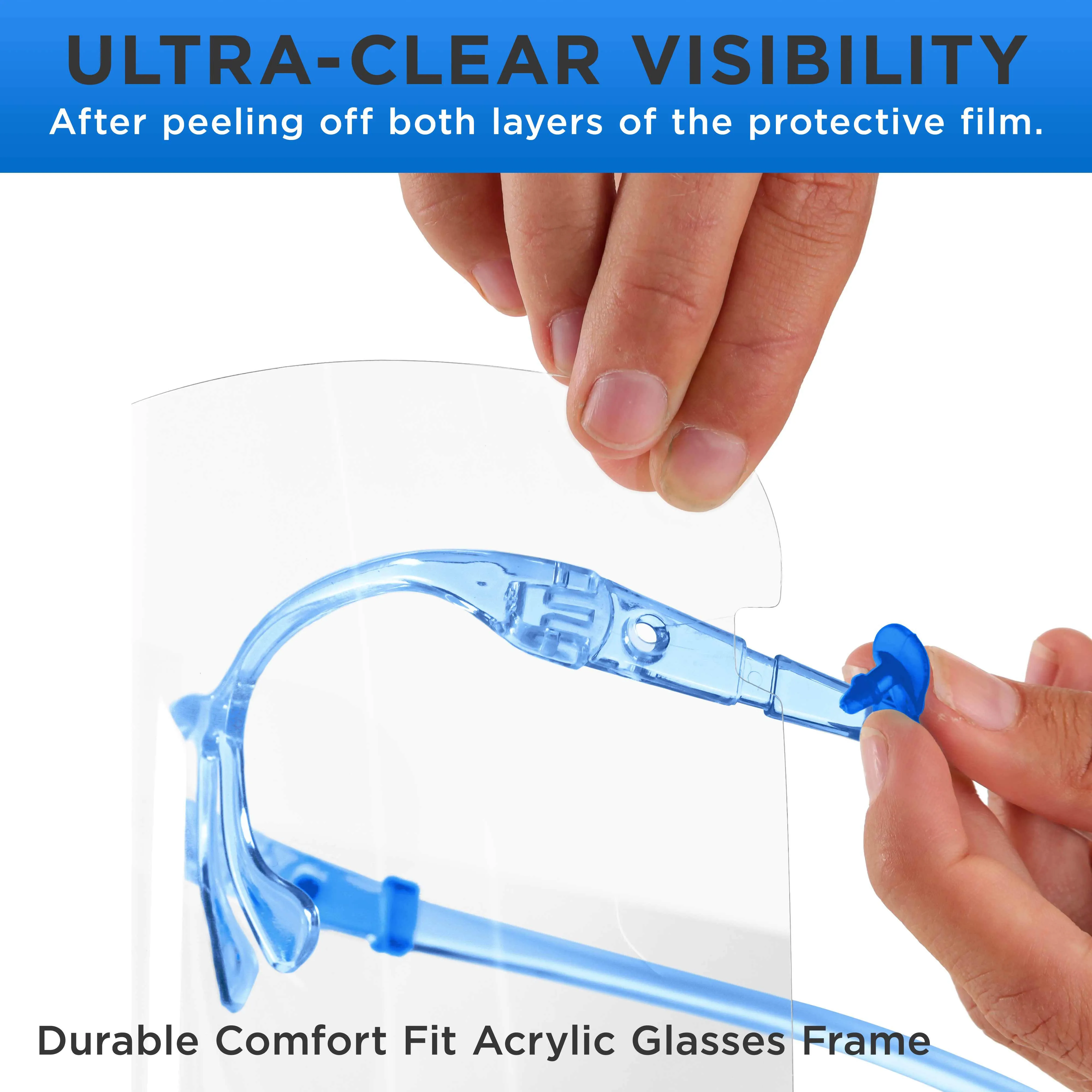 Safety Face Shields with Blue Glasses Frames (Pack of 25) - Ultra Clear Protective Full Face Shields to Protect Eyes Nose Mouth - Anti-Fog PET Plastic