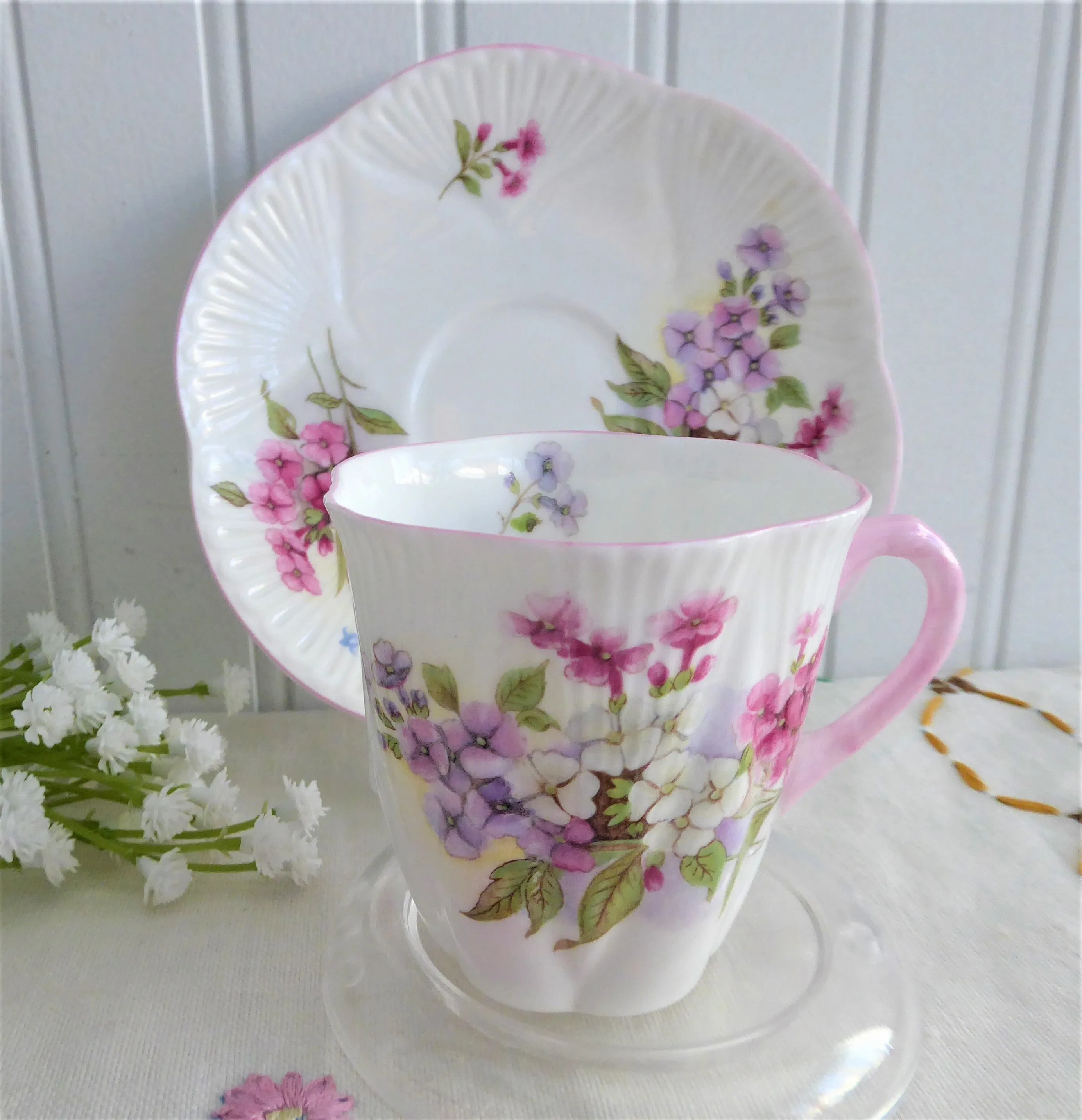 Shelley Tall Dainty Stocks Demi Cup And Saucer 1950s Pink Trim Bone China