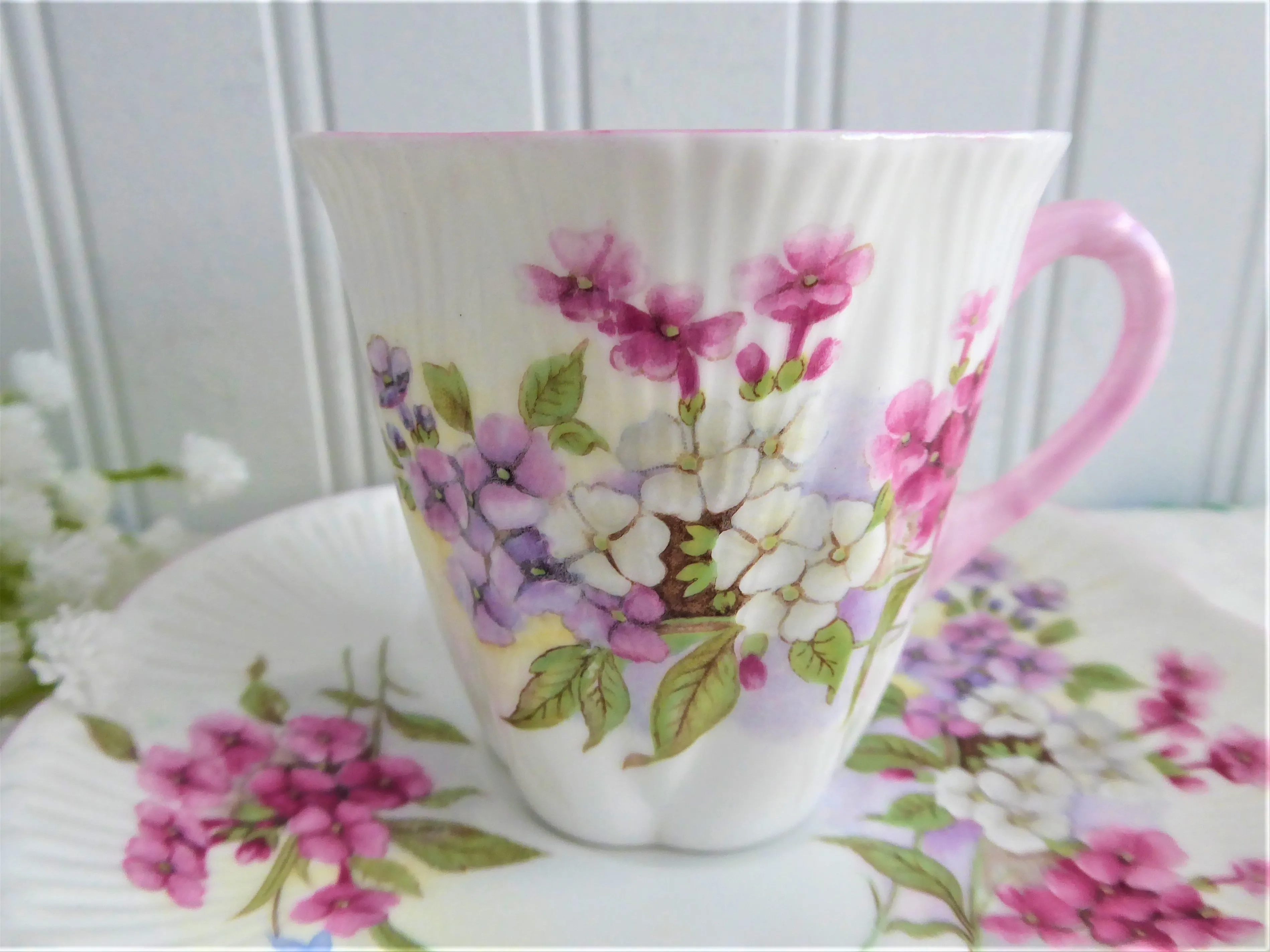 Shelley Tall Dainty Stocks Demi Cup And Saucer 1950s Pink Trim Bone China