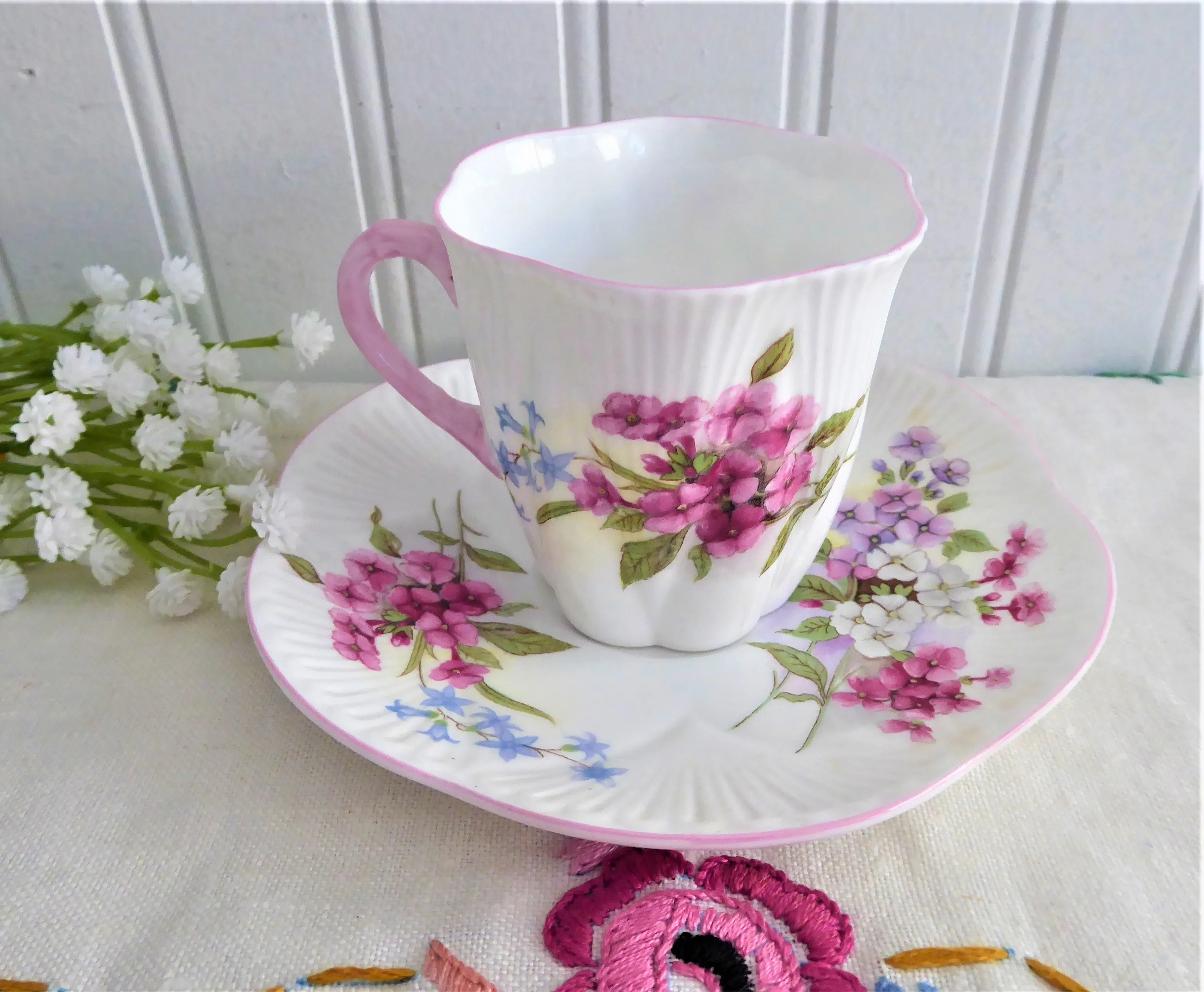 Shelley Tall Dainty Stocks Demi Cup And Saucer 1950s Pink Trim Bone China