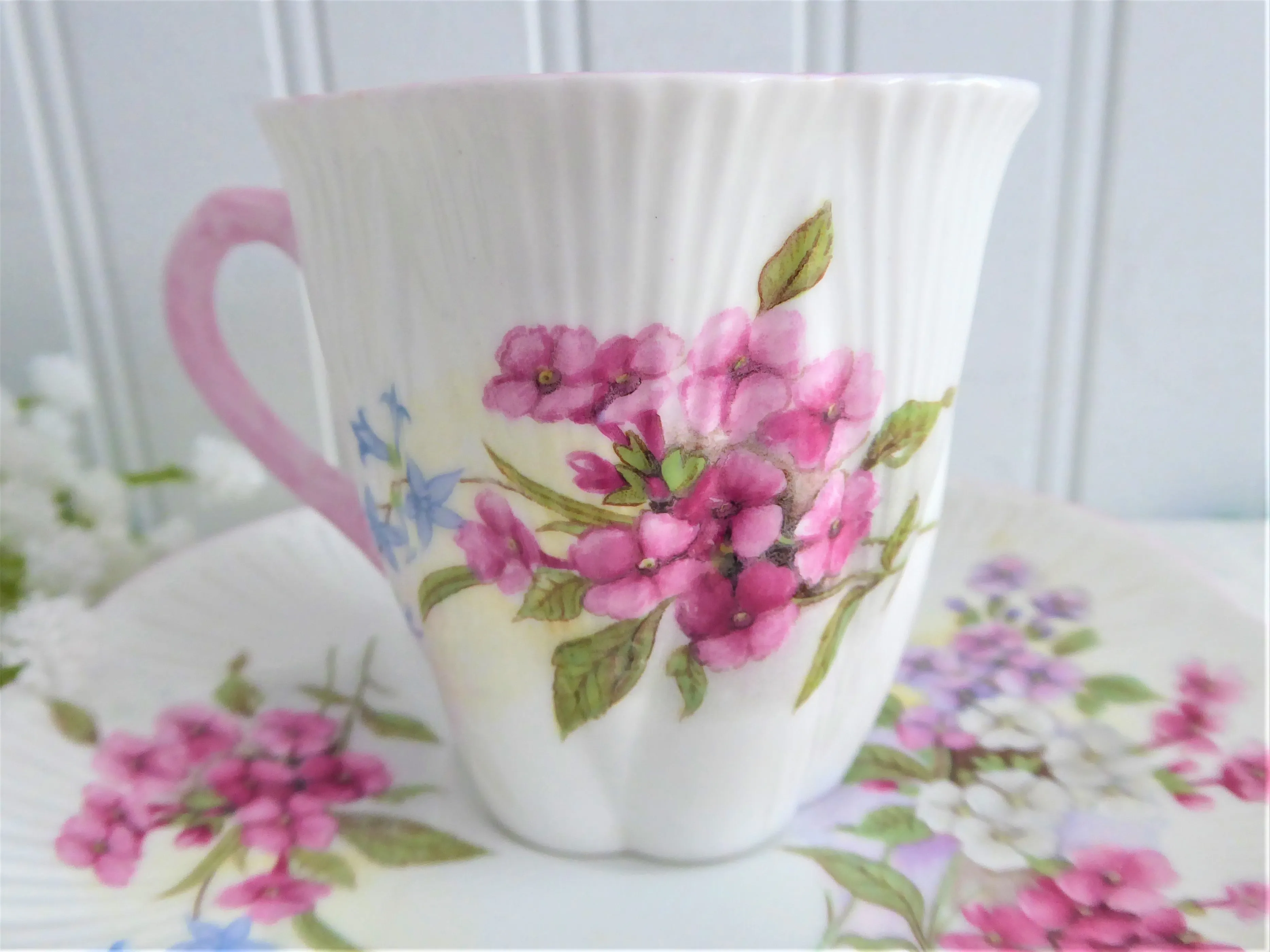 Shelley Tall Dainty Stocks Demi Cup And Saucer 1950s Pink Trim Bone China