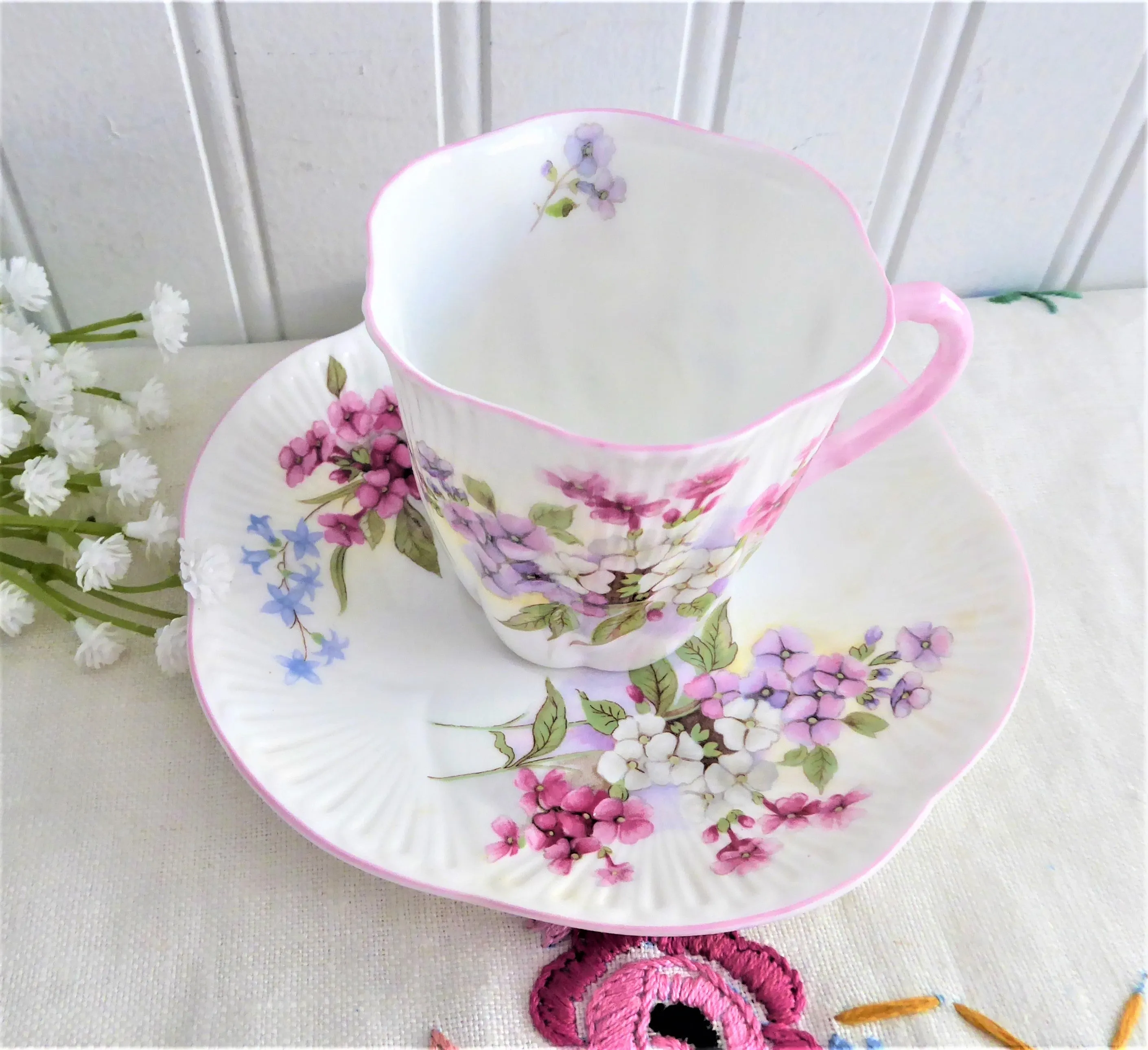 Shelley Tall Dainty Stocks Demi Cup And Saucer 1950s Pink Trim Bone China